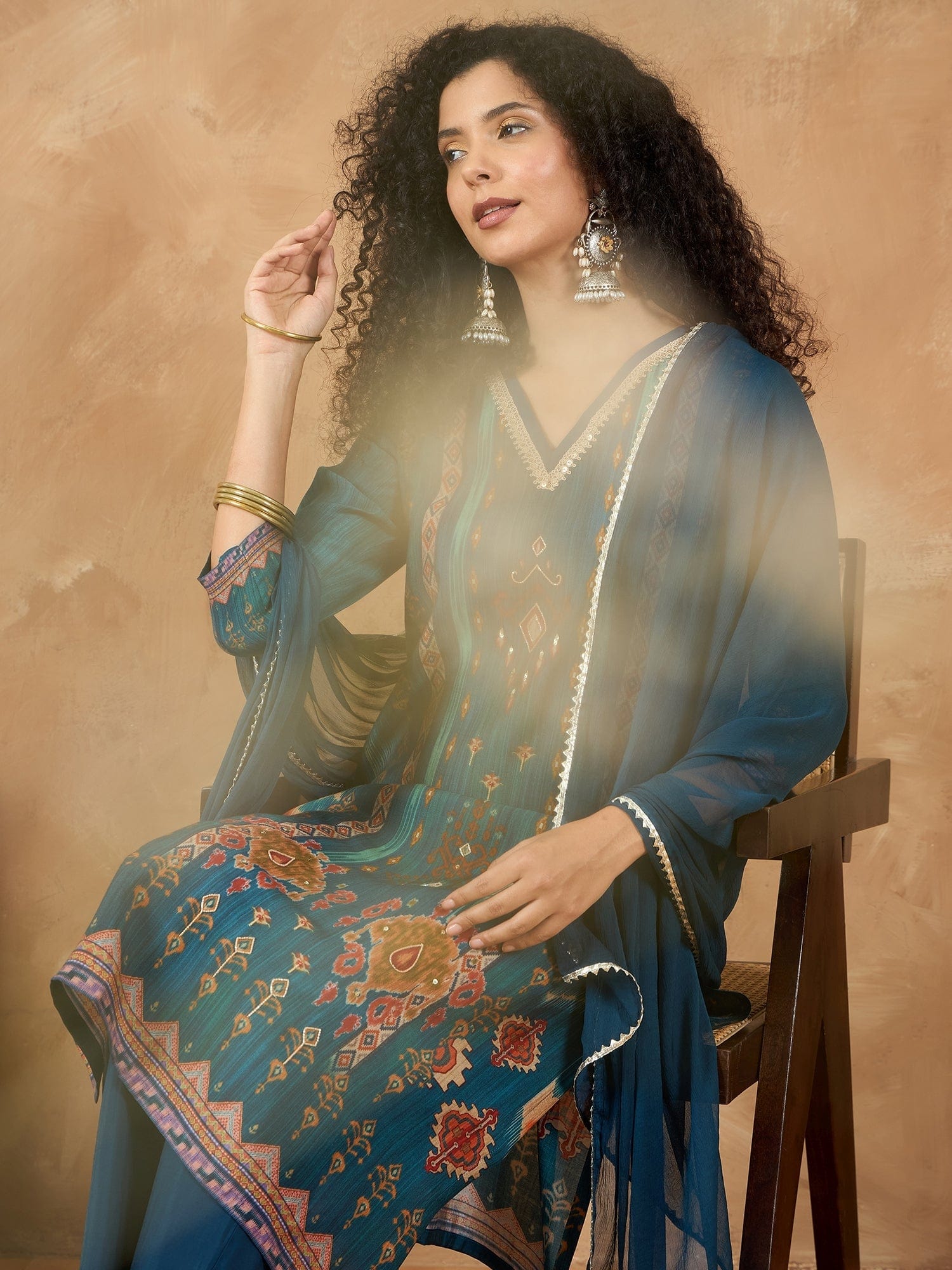 The Kurti Collection Women A Vibrant 3-Piece Blue Ikat-Printed Kurta Set With Solid Trousers And A Lace-Trimmed Dupatta (Perfect For Festive Occasions, Styled Best With Jhumkas, Juttis, And Soft Glam Makeup.)