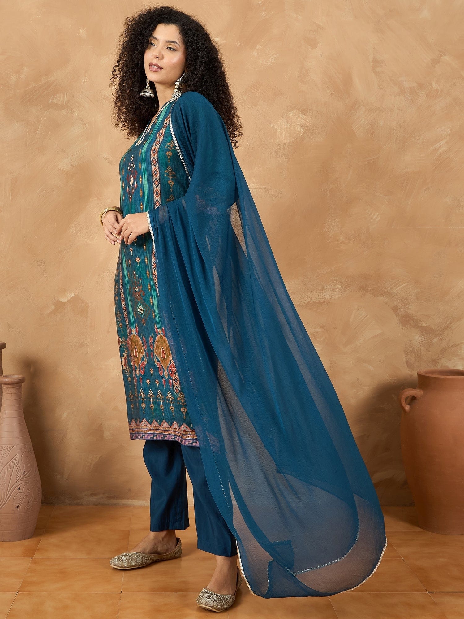 The Kurti Collection Women A Vibrant 3-Piece Blue Ikat-Printed Kurta Set With Solid Trousers And A Lace-Trimmed Dupatta (Perfect For Festive Occasions, Styled Best With Jhumkas, Juttis, And Soft Glam Makeup.)