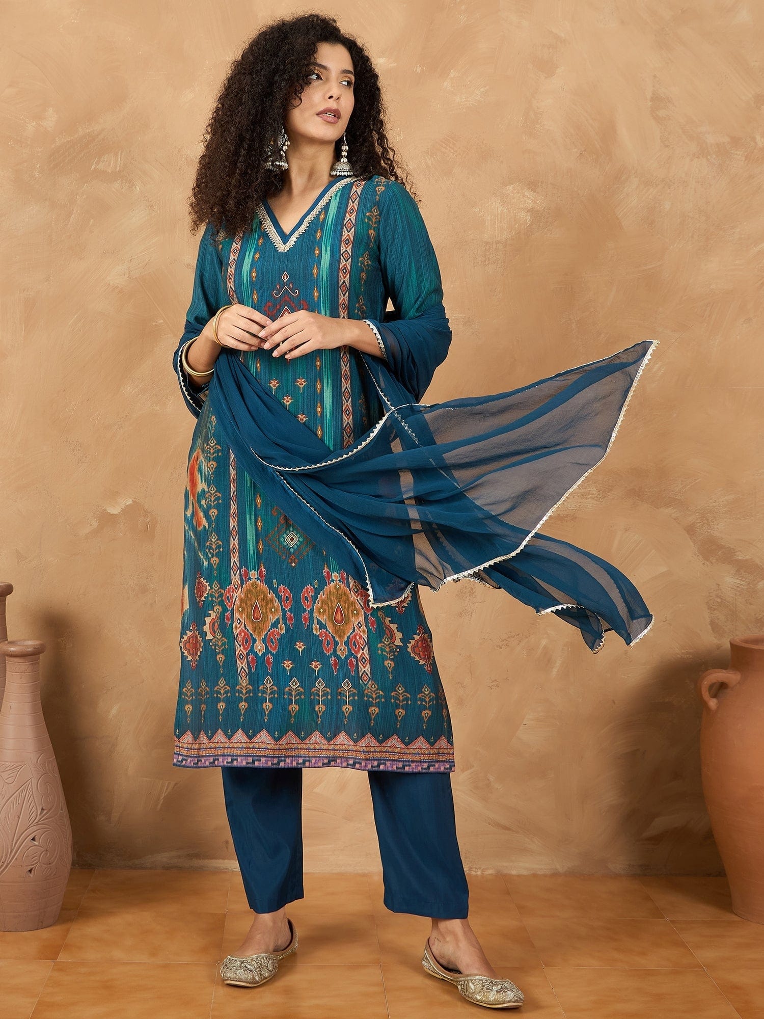 The Kurti Collection Women A Vibrant 3-Piece Blue Ikat-Printed Kurta Set With Solid Trousers And A Lace-Trimmed Dupatta (Perfect For Festive Occasions, Styled Best With Jhumkas, Juttis, And Soft Glam Makeup.)