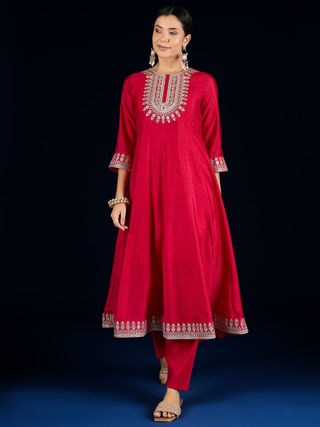 The Kurti Collection Gracefully Crafted In Rich Vichitra Fabric With Zari Embroidery, This Elegant 3-Piece Anarkali Set Blends Festive Charm With Timeless Style.