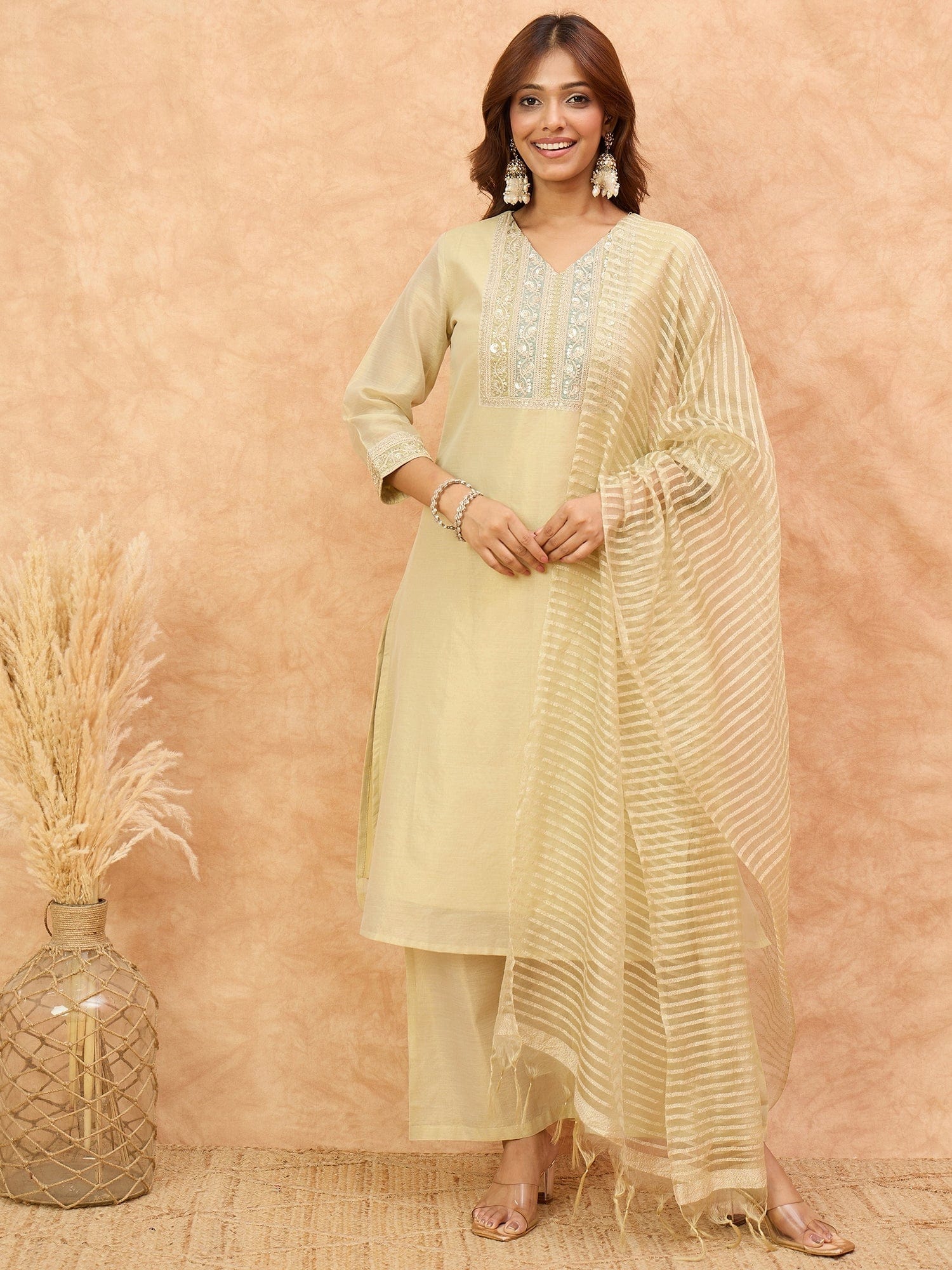 The Kurti Collection Women Shimmer Fabric Kurta Set Featuring An Zari Embroidered Yoke , Paired With Tonal Bottom With Sparkling Lurex Dupatta.