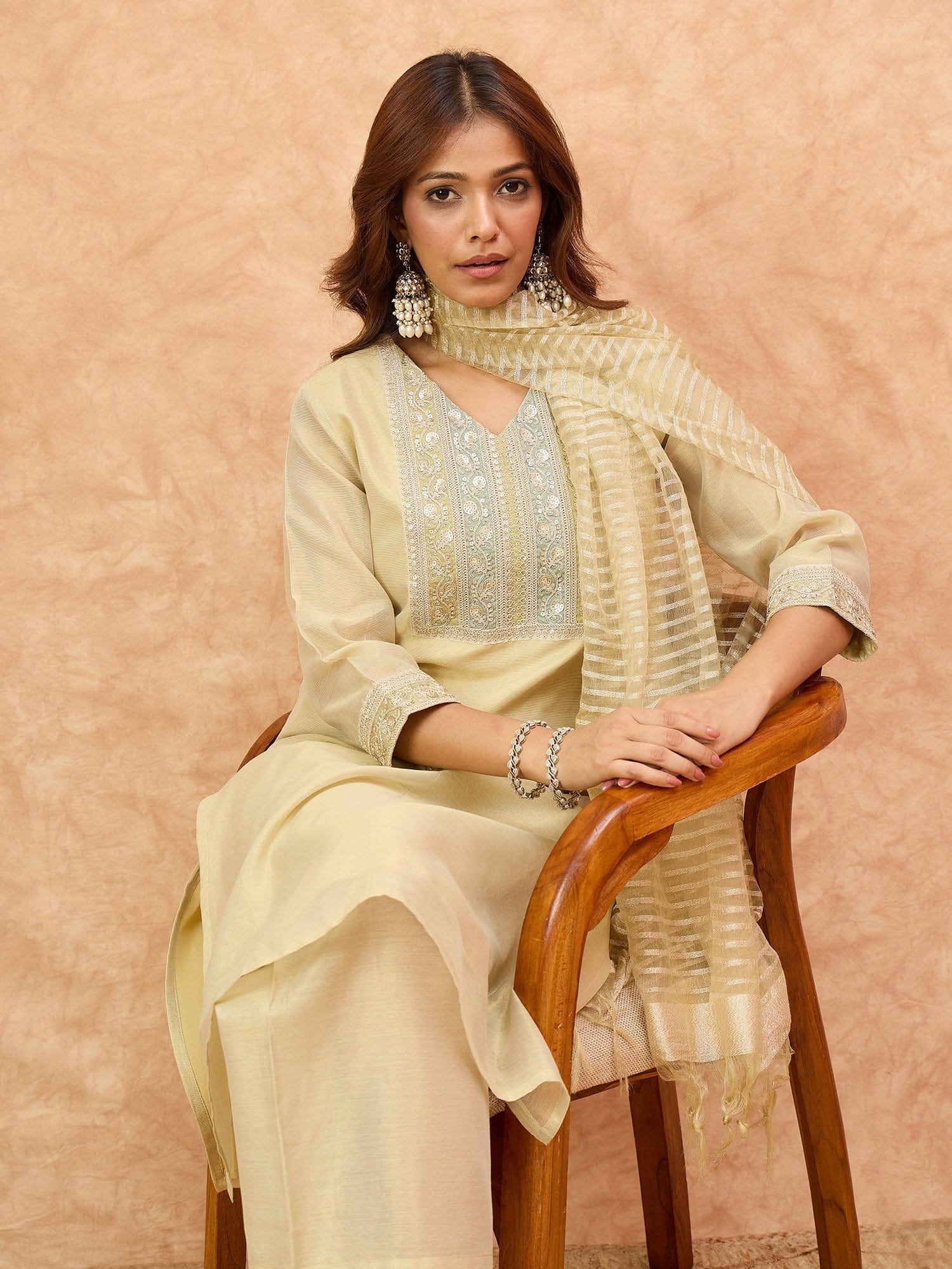The Kurti Collection Women Shimmer Fabric Kurta Set Featuring An Zari Embroidered Yoke , Paired With Tonal Bottom With Sparkling Lurex Dupatta.