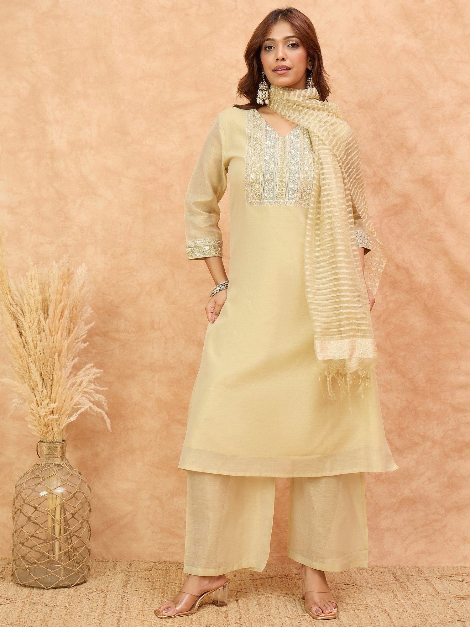 The Kurti Collection Women Shimmer Fabric Kurta Set Featuring An Zari Embroidered Yoke , Paired With Tonal Bottom With Sparkling Lurex Dupatta.