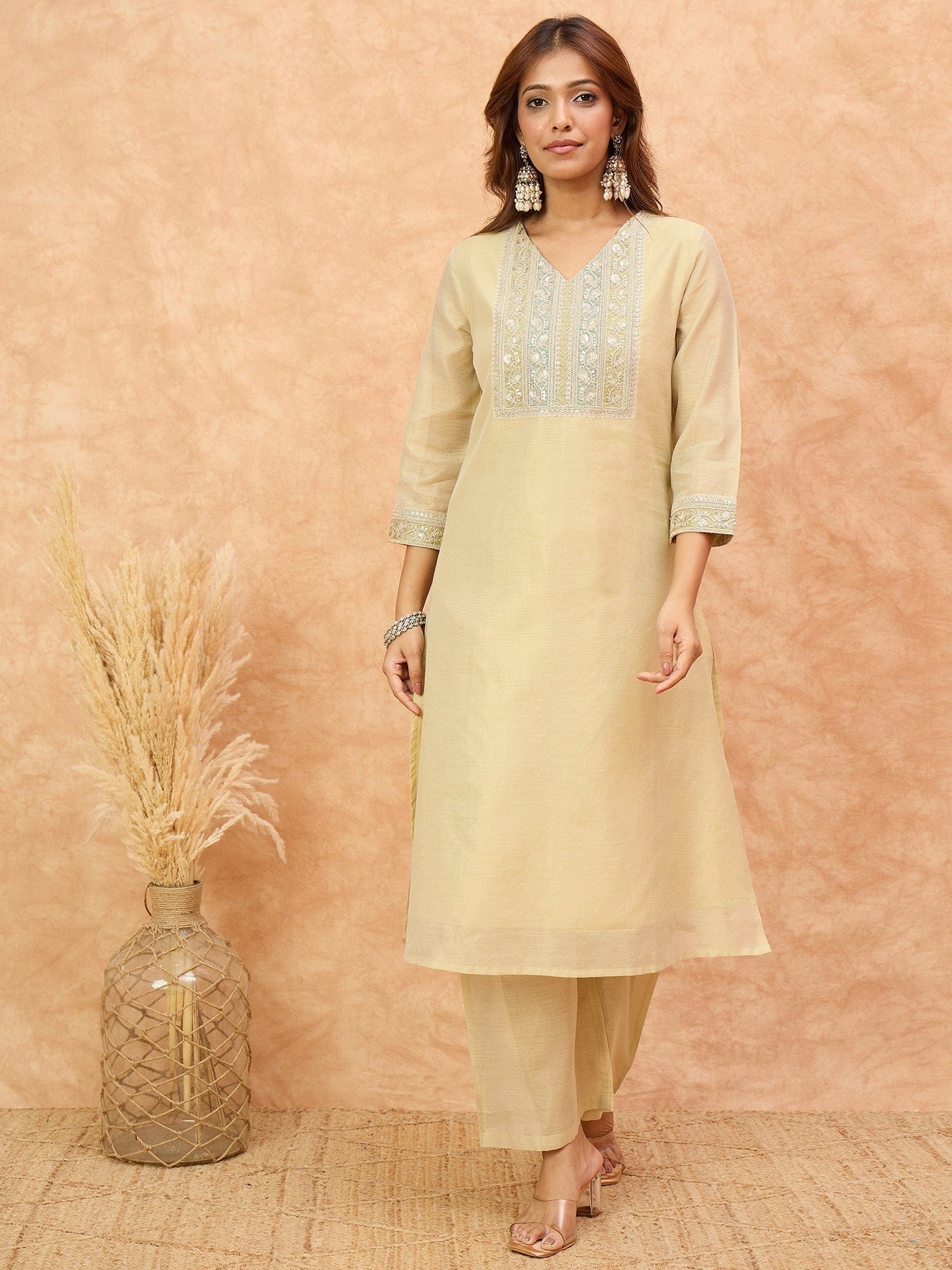 The Kurti Collection Women Shimmer Fabric Kurta Set Featuring An Zari Embroidered Yoke , Paired With Tonal Bottom With Sparkling Lurex Dupatta.