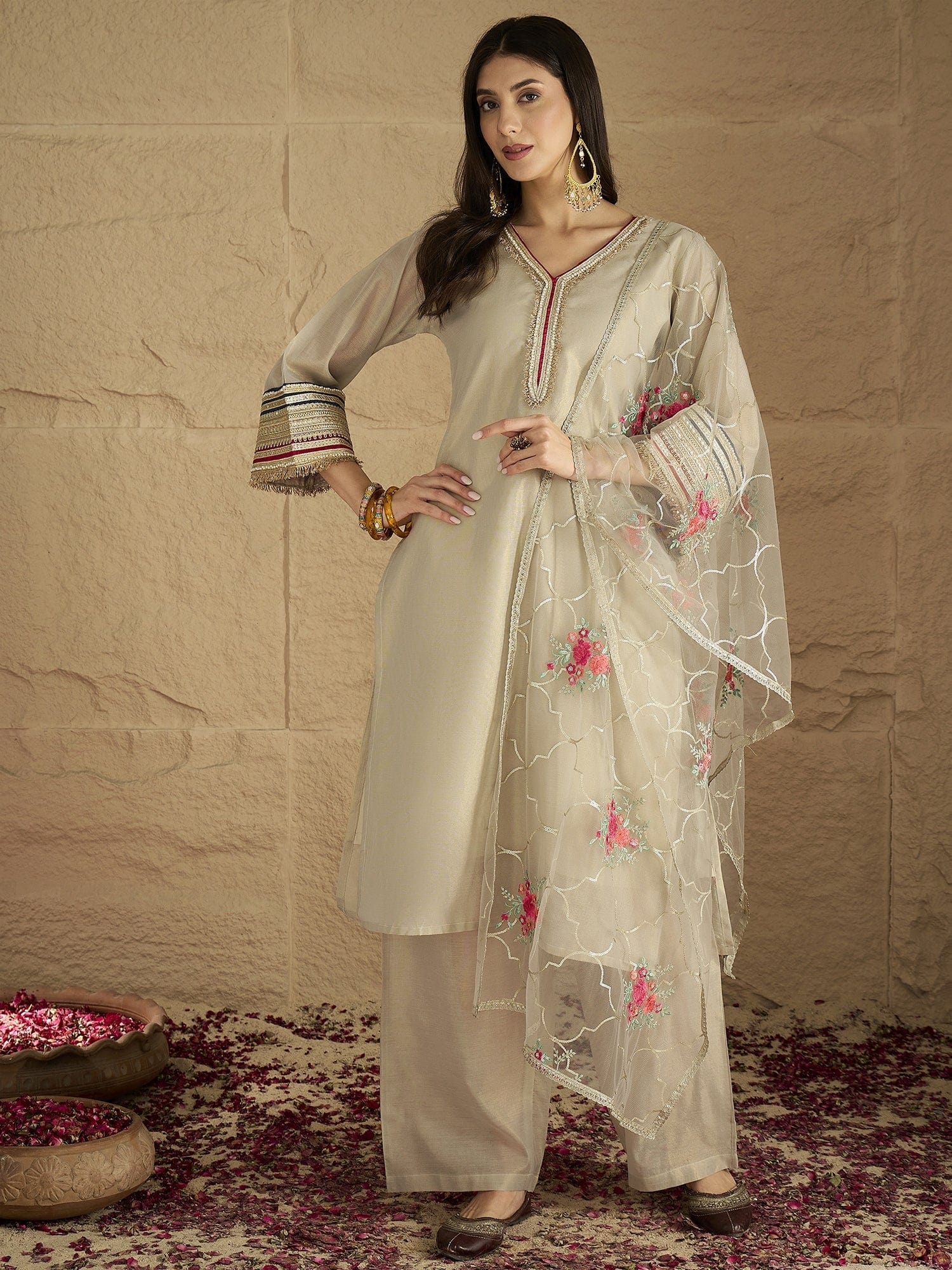 The Kurti Collection Women Elegant Three-Piece Set Featuring A Shimmer-Detailed Grey Kurta, Solid Ankle-Length Trousers, And An Embroidered Net Dupatta Perfect For Festive Occasions.