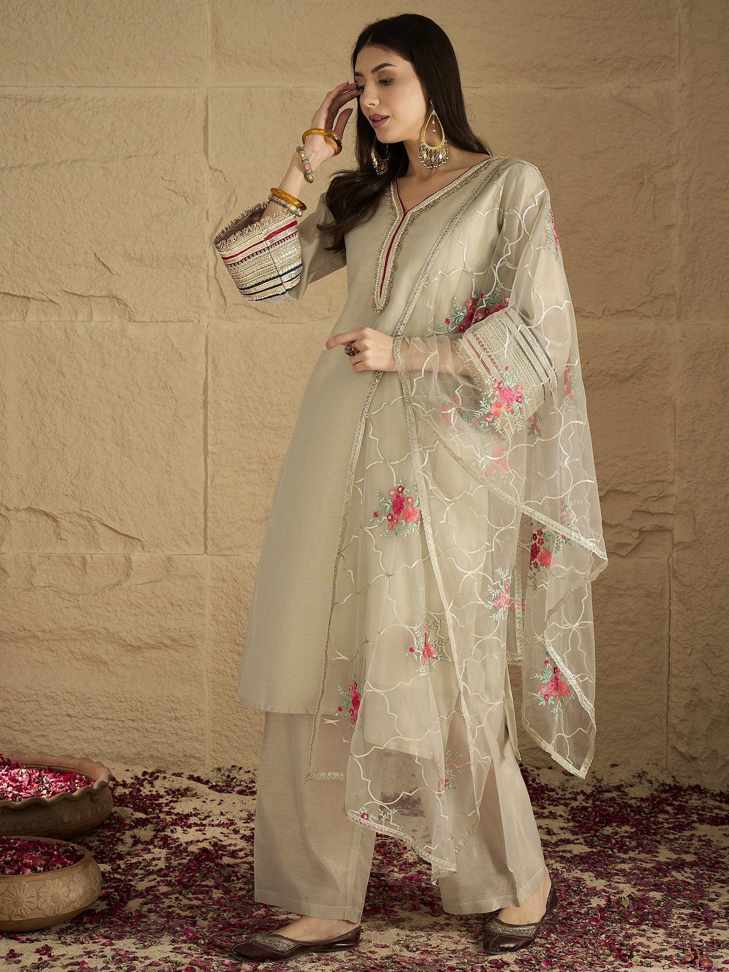The Kurti Collection Women Elegant Three-Piece Set Featuring A Shimmer-Detailed Grey Kurta, Solid Ankle-Length Trousers, And An Embroidered Net Dupatta Perfect For Festive Occasions.