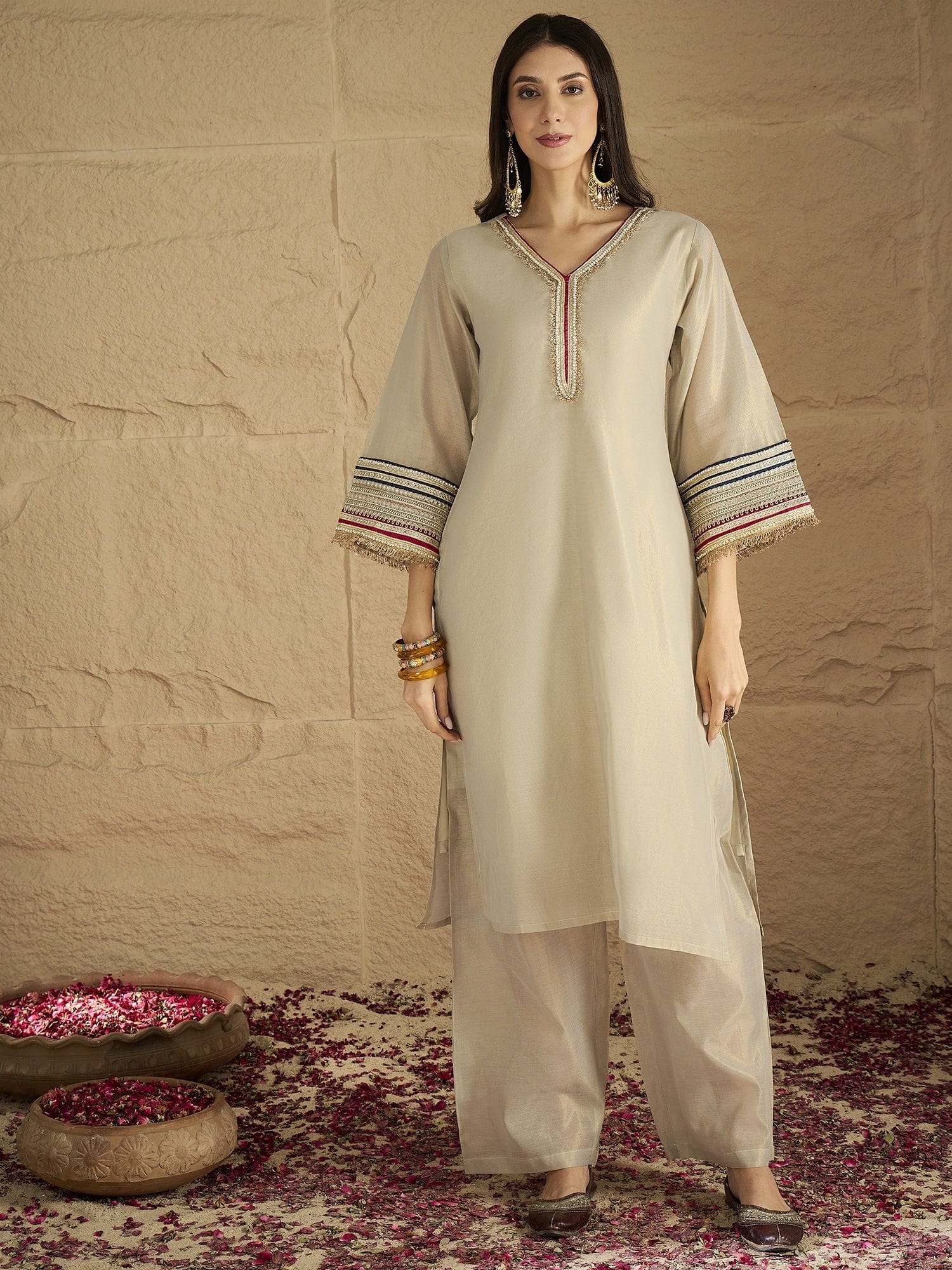 The Kurti Collection Women Elegant Three-Piece Set Featuring A Shimmer-Detailed Grey Kurta, Solid Ankle-Length Trousers, And An Embroidered Net Dupatta Perfect For Festive Occasions.