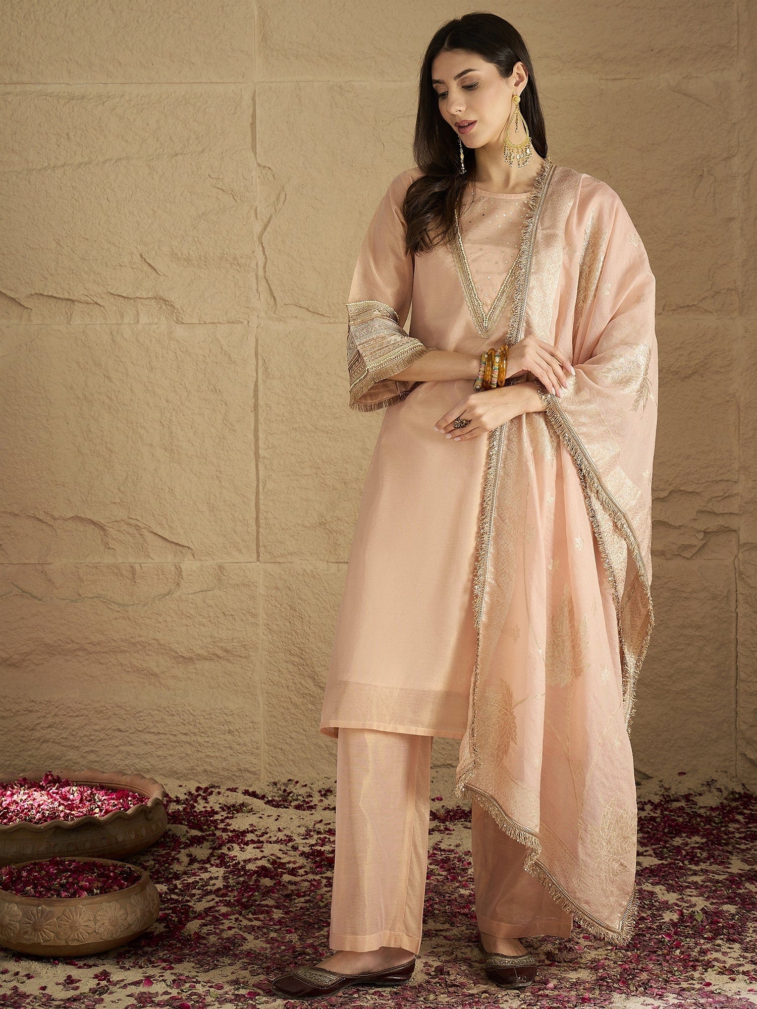 The Kurti Collection Women Elegant Three-Piece Set Featuring A Shimmer-Detailed Grey Kurta, Solid Ankle-Length Trousers, And An Embroidered Net Dupatta Perfect For Festive Occasions.