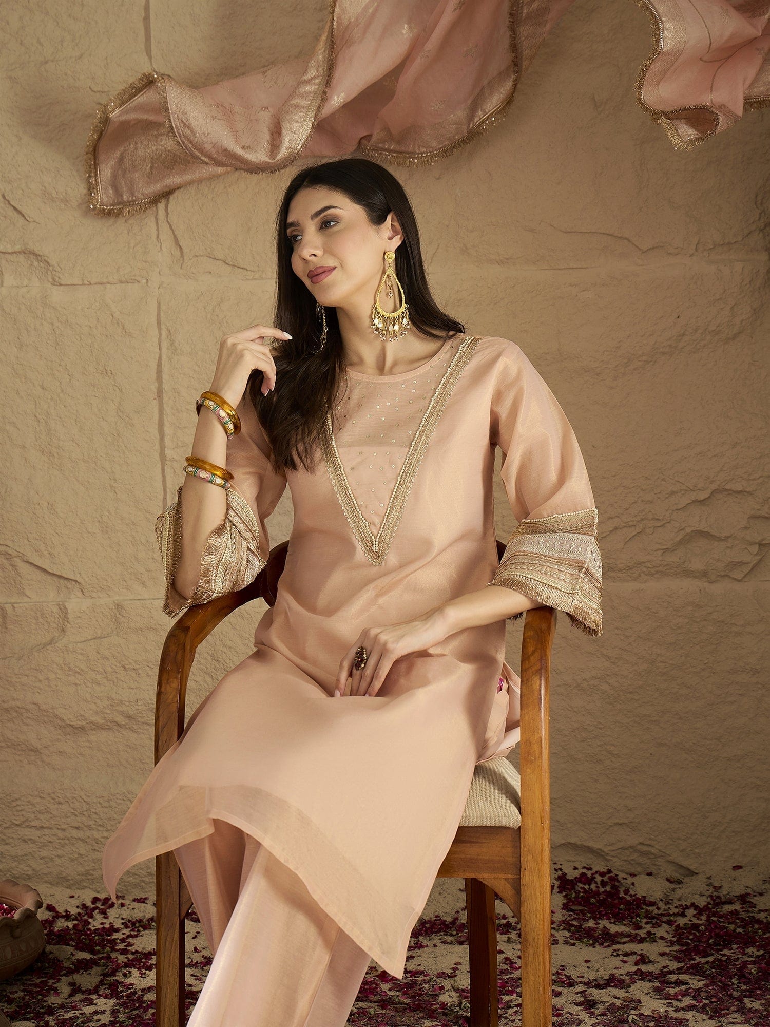 The Kurti Collection Women Elegant Three-Piece Set Featuring A Shimmer-Detailed Grey Kurta, Solid Ankle-Length Trousers, And An Embroidered Net Dupatta Perfect For Festive Occasions.