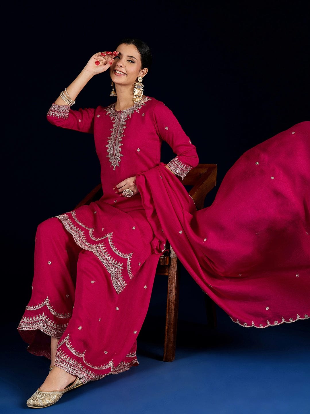 The Kurti Collection Fuchsia Straight-Fit Kurta With Zari Embroidery And Scallop Detailing, Paired With Sharara And Dupatta.