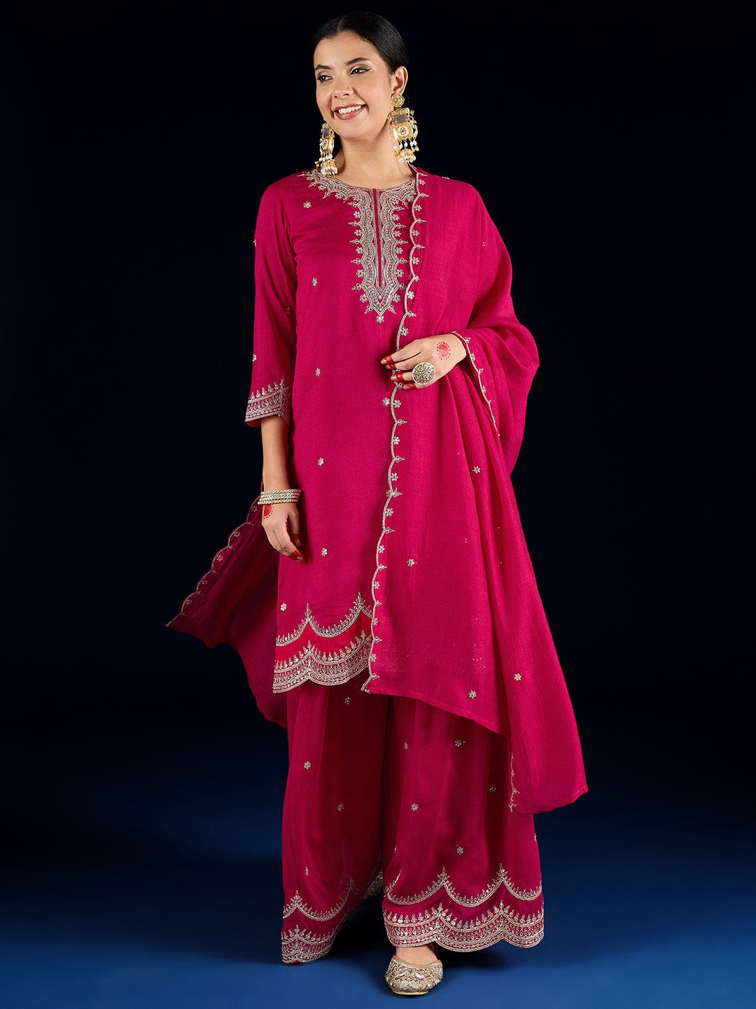 The Kurti Collection Fuchsia Straight-Fit Kurta With Zari Embroidery And Scallop Detailing, Paired With Sharara And Dupatta.