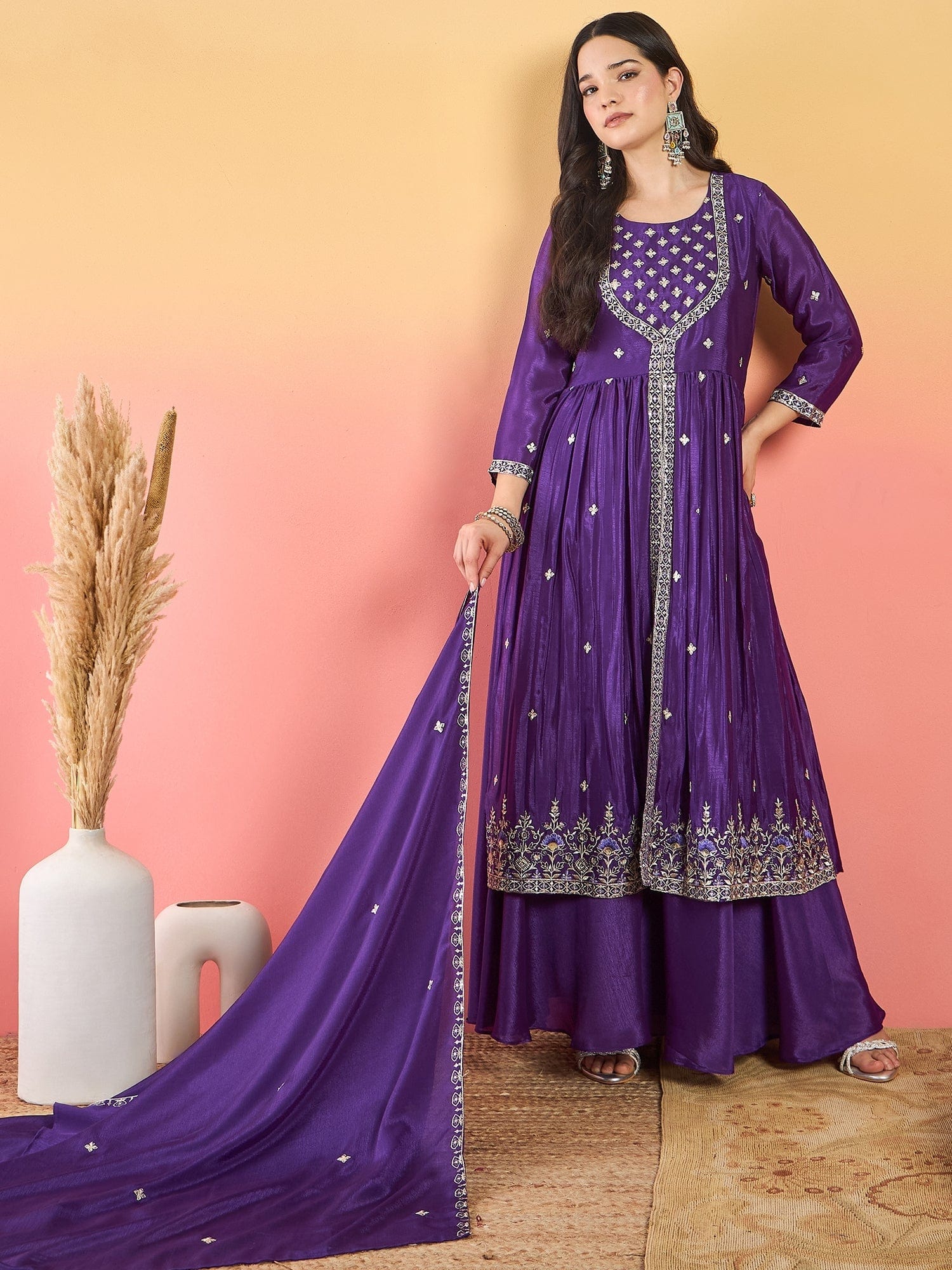 The Kurti Collection Anarkali Set Featuring Front-Slit Kurta With Zari-Embroidered Yoke And Border, Paired With A Floor-Length Sharara And A Bordered Dupatta.