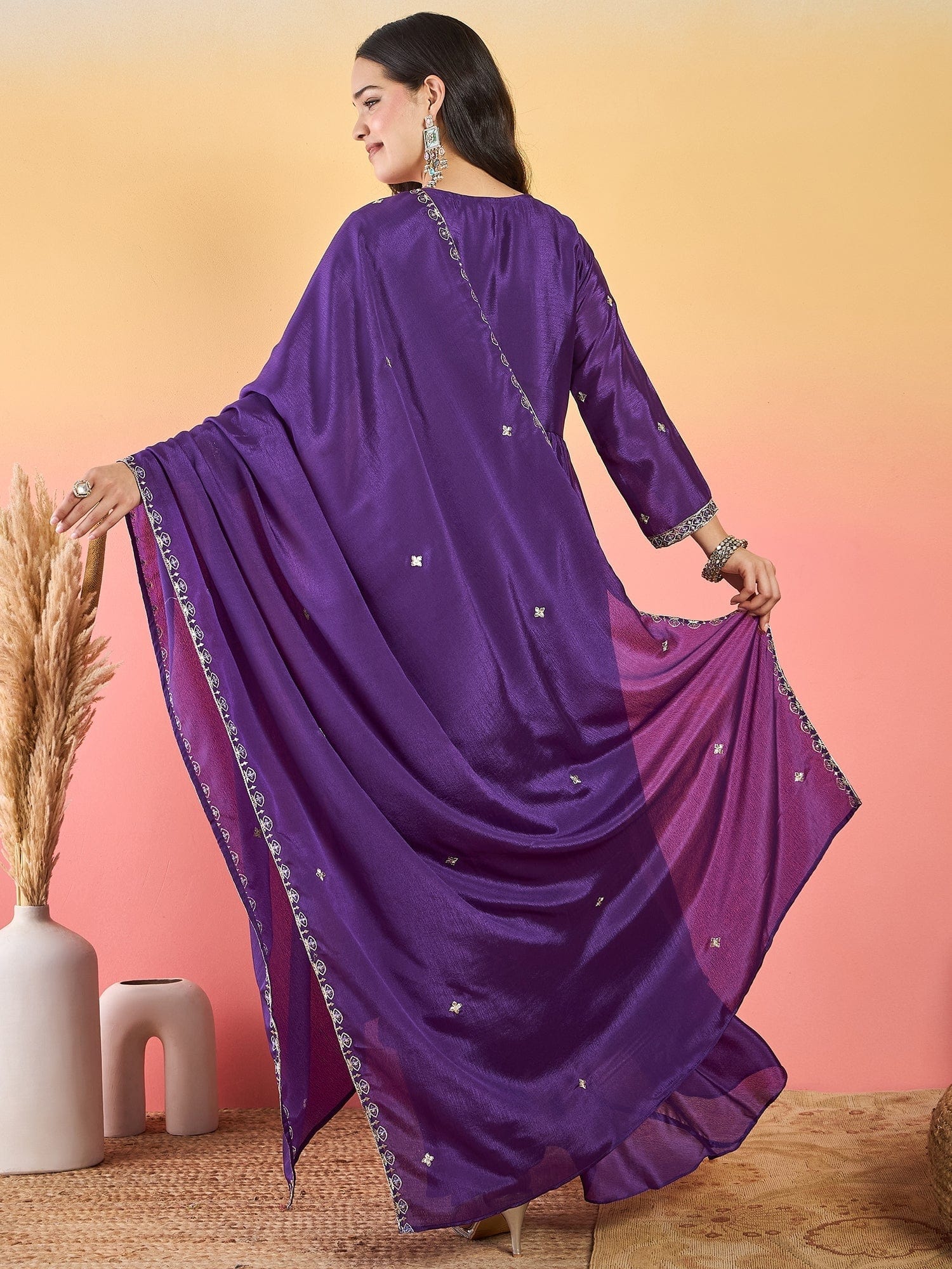 The Kurti Collection Anarkali Set Featuring Front-Slit Kurta With Zari-Embroidered Yoke And Border, Paired With A Floor-Length Sharara And A Bordered Dupatta.
