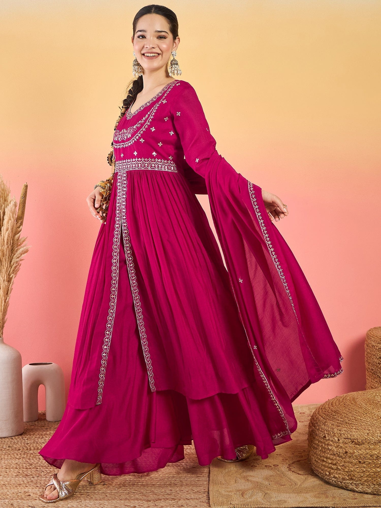 The Kurti Collection Fuchsia Anarkali Set Featuring Front-Slit Kurta With Zari-Embroidered Yoke And Border, Paired With A Floor-Length Sharara And A Bordered Dupatta.