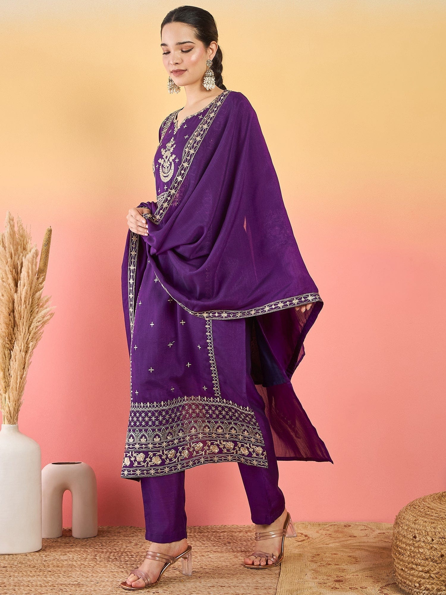 The Kurti Collection Kurta With Zari Embroidered Yoke And Border, Paired With Solid Trousers And A Matching Bordered Dupatta.