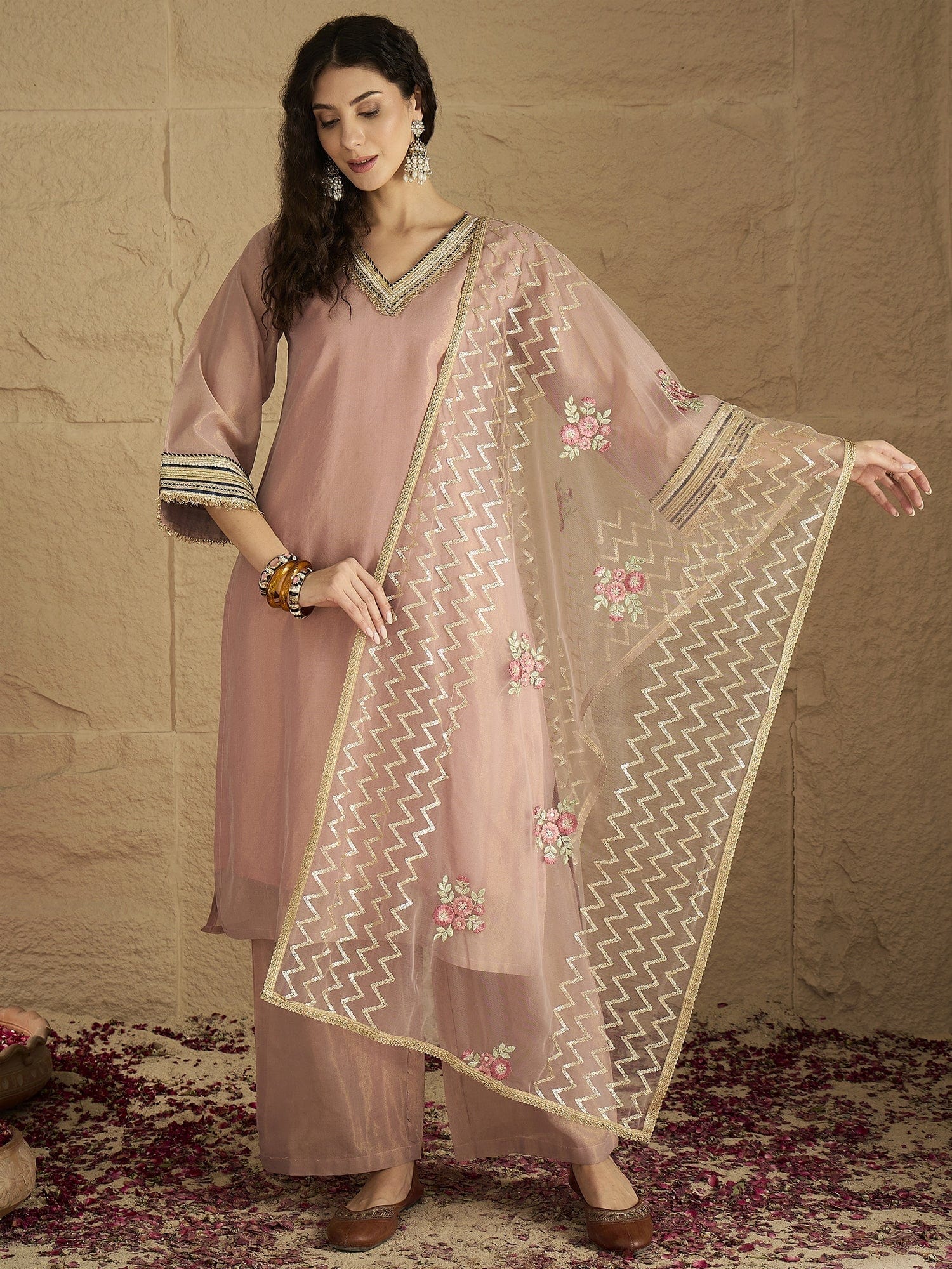 The Kurti Collection Women A Graceful Three-Piece Set Featuring A Shimmer Lace-Detailed Kurta, Solid Ankle-Length Trousers, And An Embroidered Net Dupatta.
