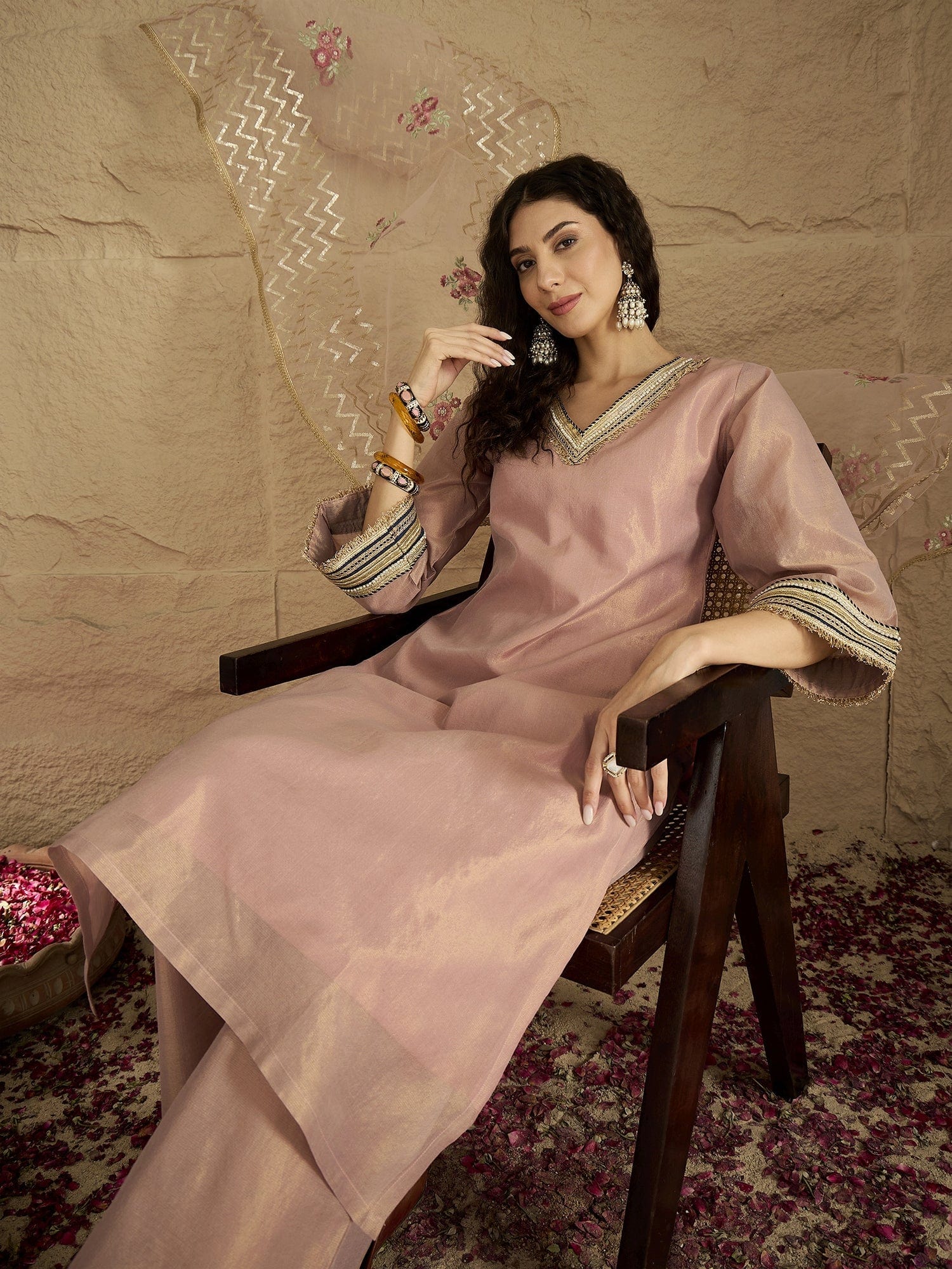 The Kurti Collection Women A Graceful Three-Piece Set Featuring A Shimmer Lace-Detailed Kurta, Solid Ankle-Length Trousers, And An Embroidered Net Dupatta.