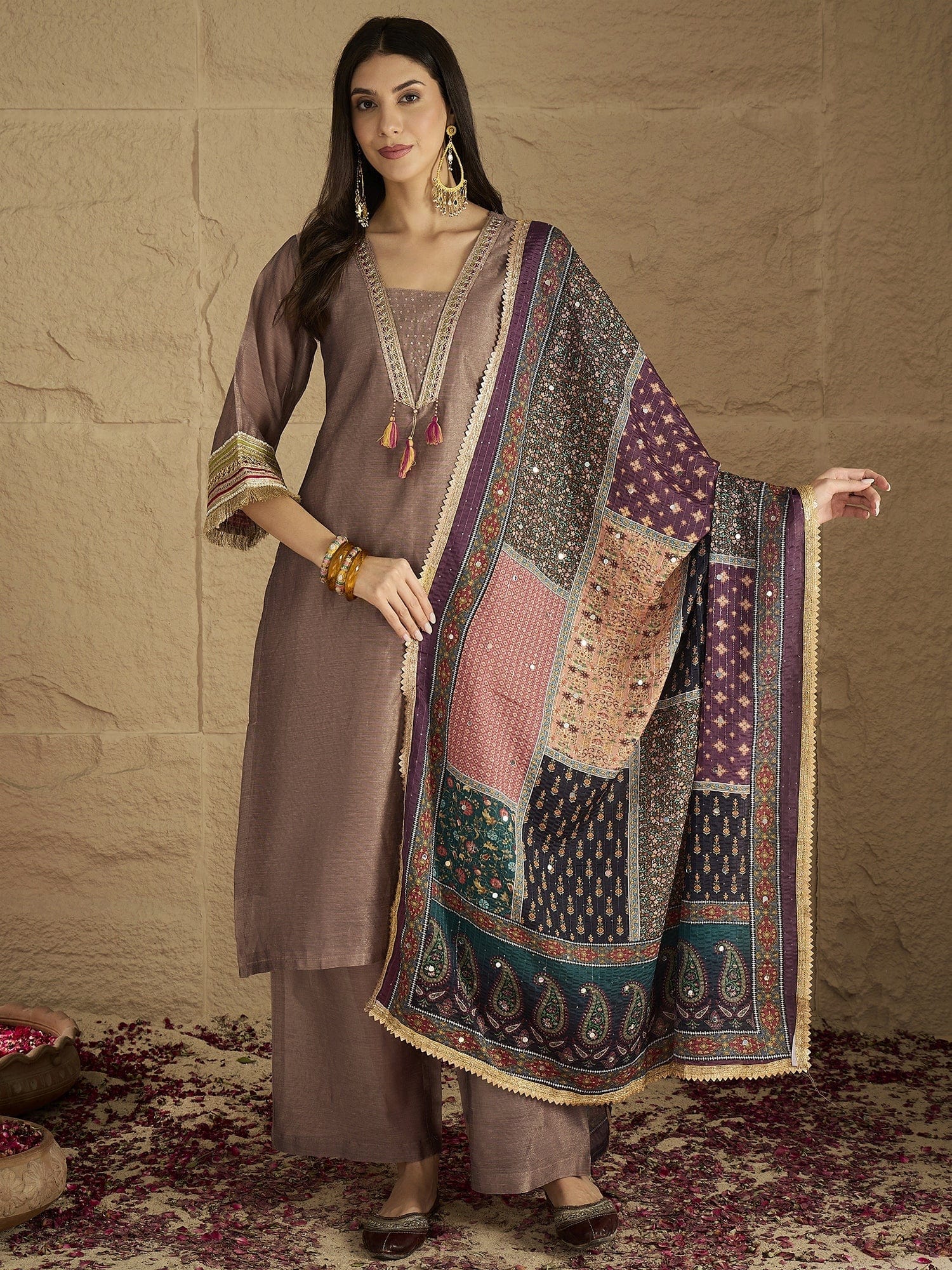 The Kurti Collection Women Chic Brown Shimmer Kurta Set With Lace Detailing, Paired With Solid Ankle-Length Trousers And Printed Dupatta .