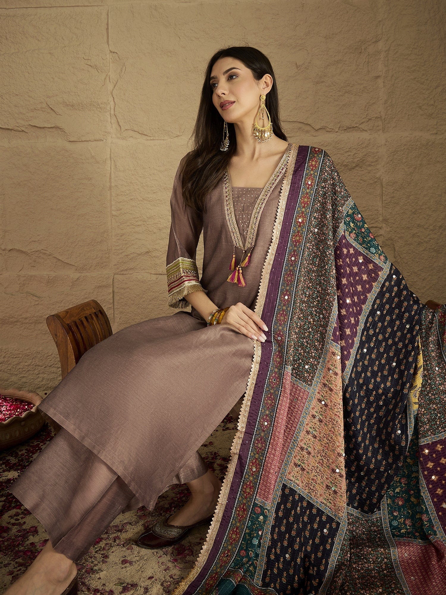 The Kurti Collection Women Chic Brown Shimmer Kurta Set With Lace Detailing, Paired With Solid Ankle-Length Trousers And Printed Dupatta .
