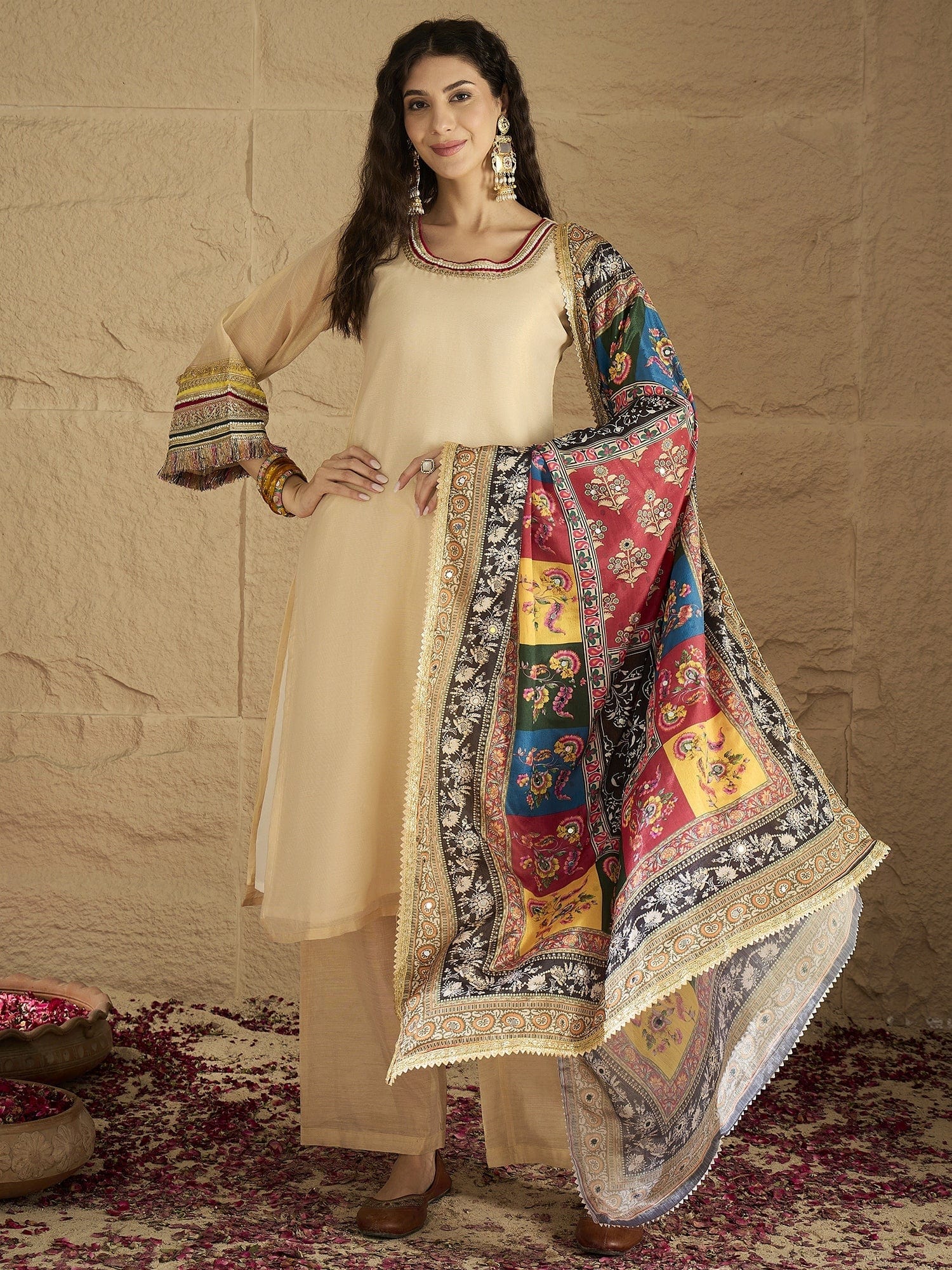 The Kurti Collection Women Elegant Beige Shimmer Kurta Set With Intricate Lace Detailing, Paired With Solid Trousers And Patola Printed Dupatta