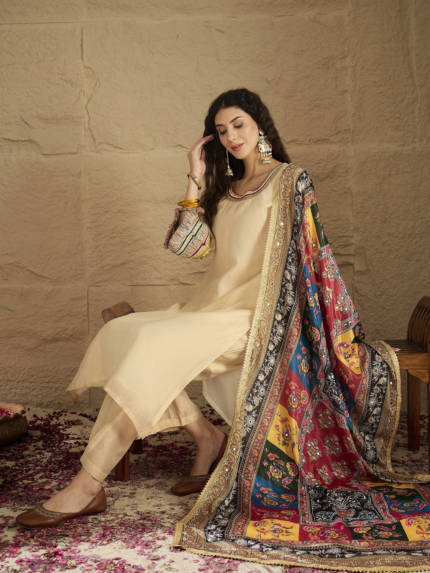 The Kurti Collection Women Elegant Beige Shimmer Kurta Set With Intricate Lace Detailing, Paired With Solid Trousers And Patola Printed Dupatta