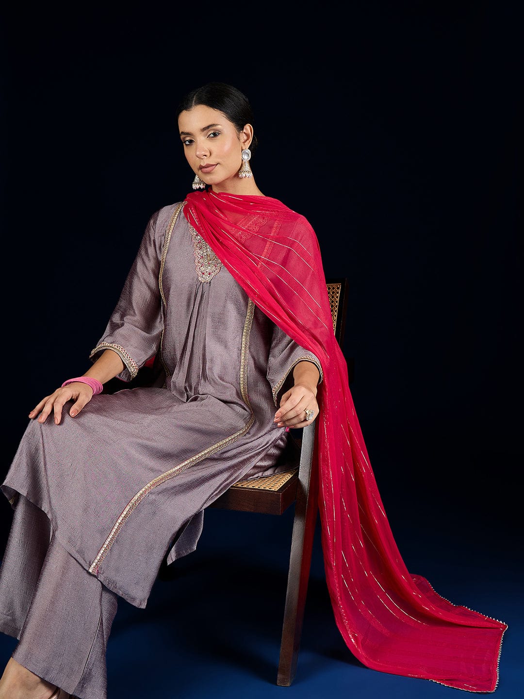 The Kurti Collection V Neck Kurta With Lace Detailing, Paired With Solid Trousers And A Contrasting Fuchsia Dupatta.