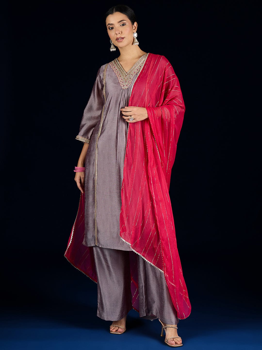 The Kurti Collection V Neck Kurta With Lace Detailing, Paired With Solid Trousers And A Contrasting Fuchsia Dupatta.