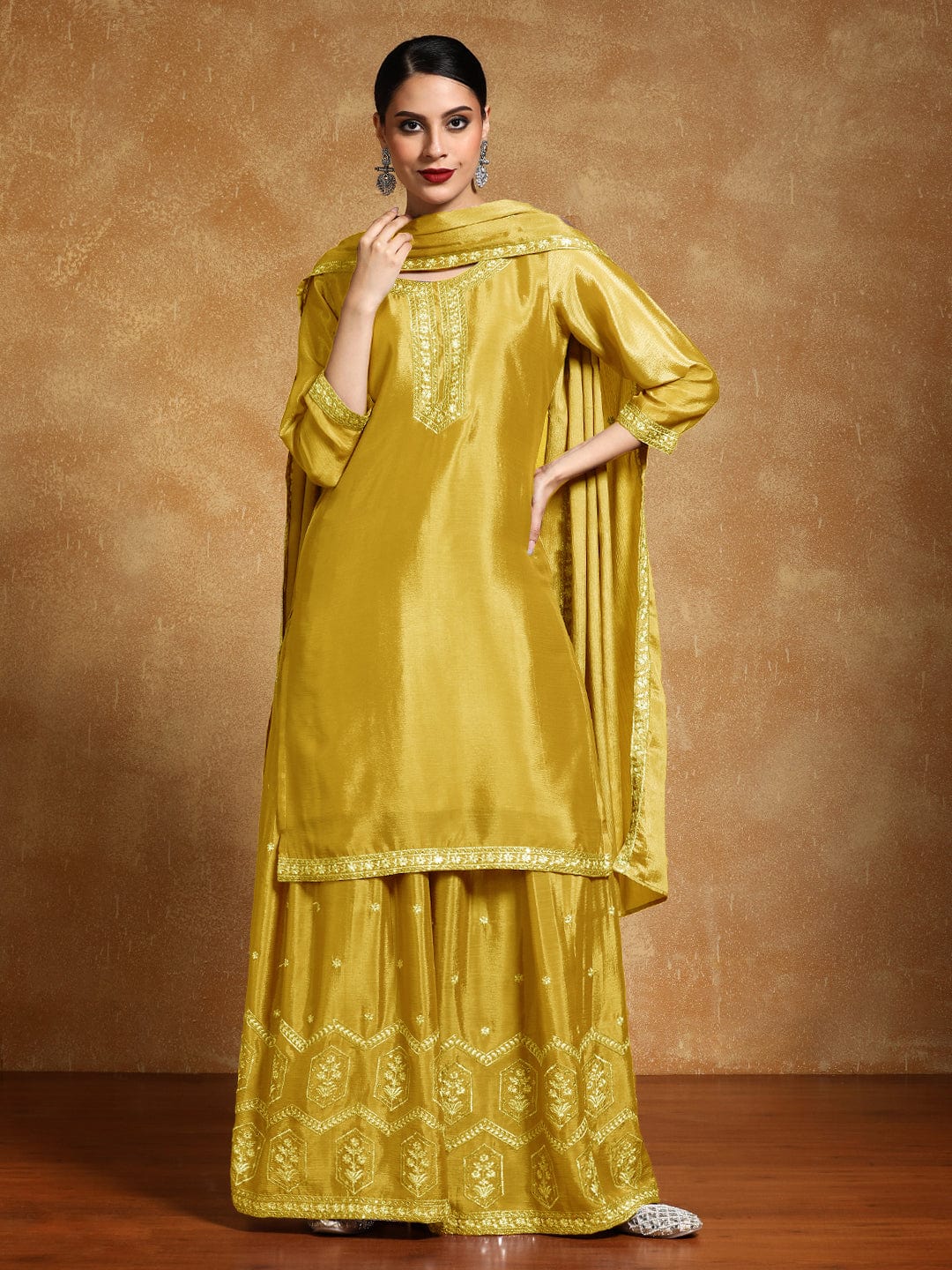 The Kurti Collection Women-Bead Work Kurta With Sharara And Dupatta