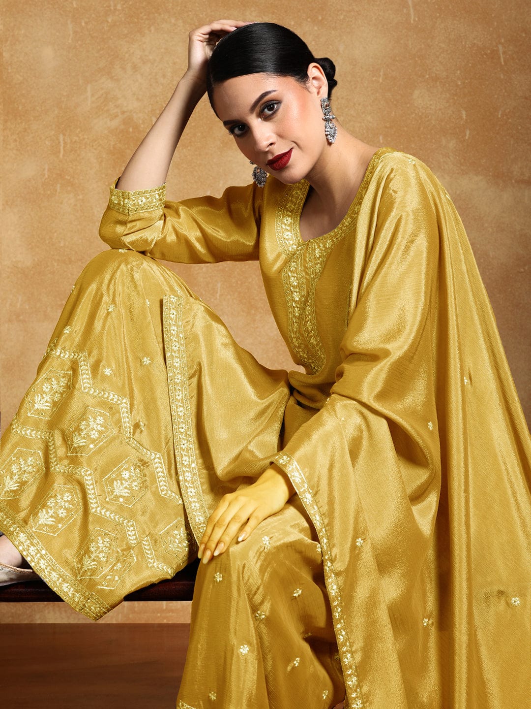 The Kurti Collection Women-Bead Work Kurta With Sharara And Dupatta
