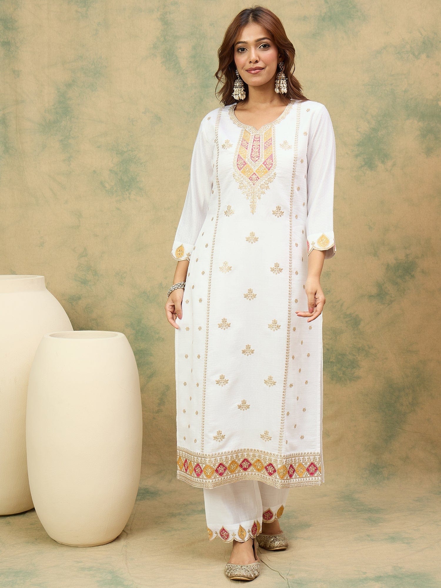 The Kurti Collection Women Elegant White Ethnic 3-Piece Suit Set With Woven Kurta, Straight Pants, And A Rich Brocade Dupatta.