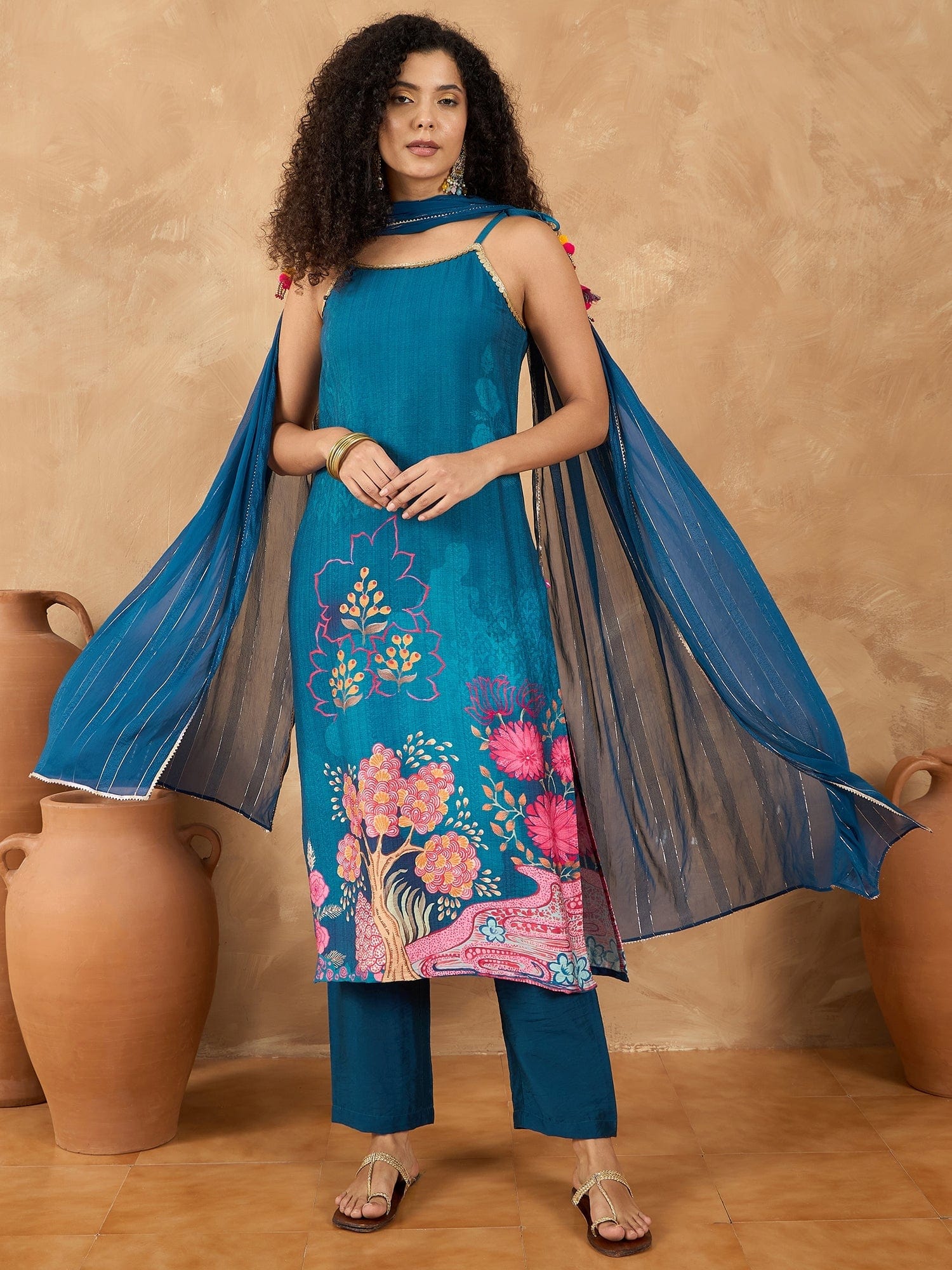 The Kurti Collection Women Spaghetti Tie Up Strap Straight Floral Kurta With Trousers And Dupatta
