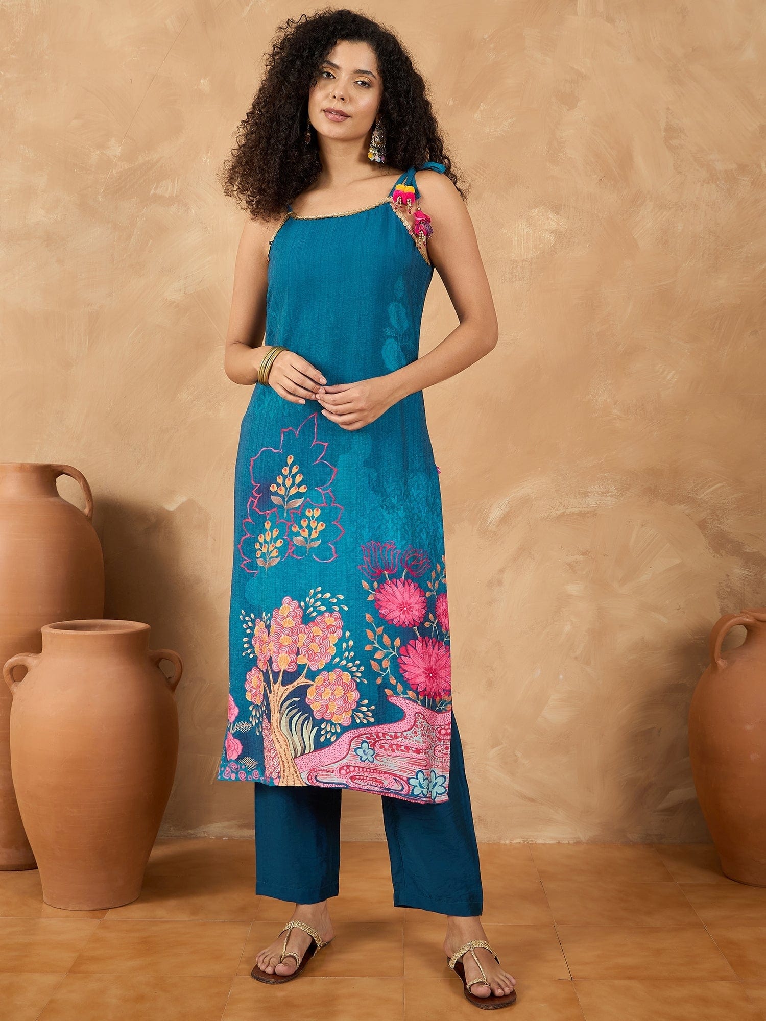The Kurti Collection Women Spaghetti Tie Up Strap Straight Floral Kurta With Trousers And Dupatta
