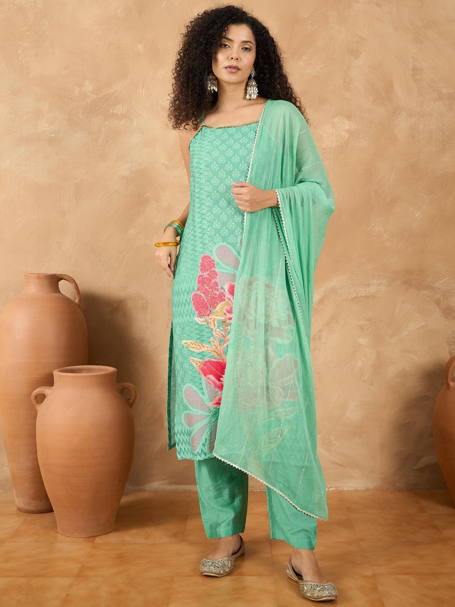 The Kurti Collection Women Spaghetti Strap Straight Floral Kurta With Trousers And Dupatta