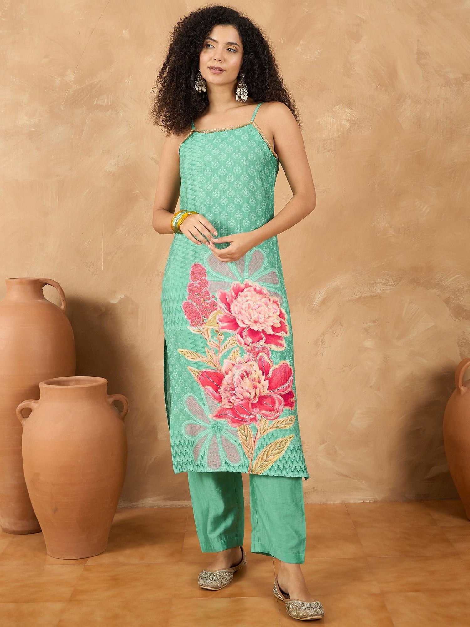 The Kurti Collection Women Spaghetti Strap Straight Floral Kurta With Trousers And Dupatta