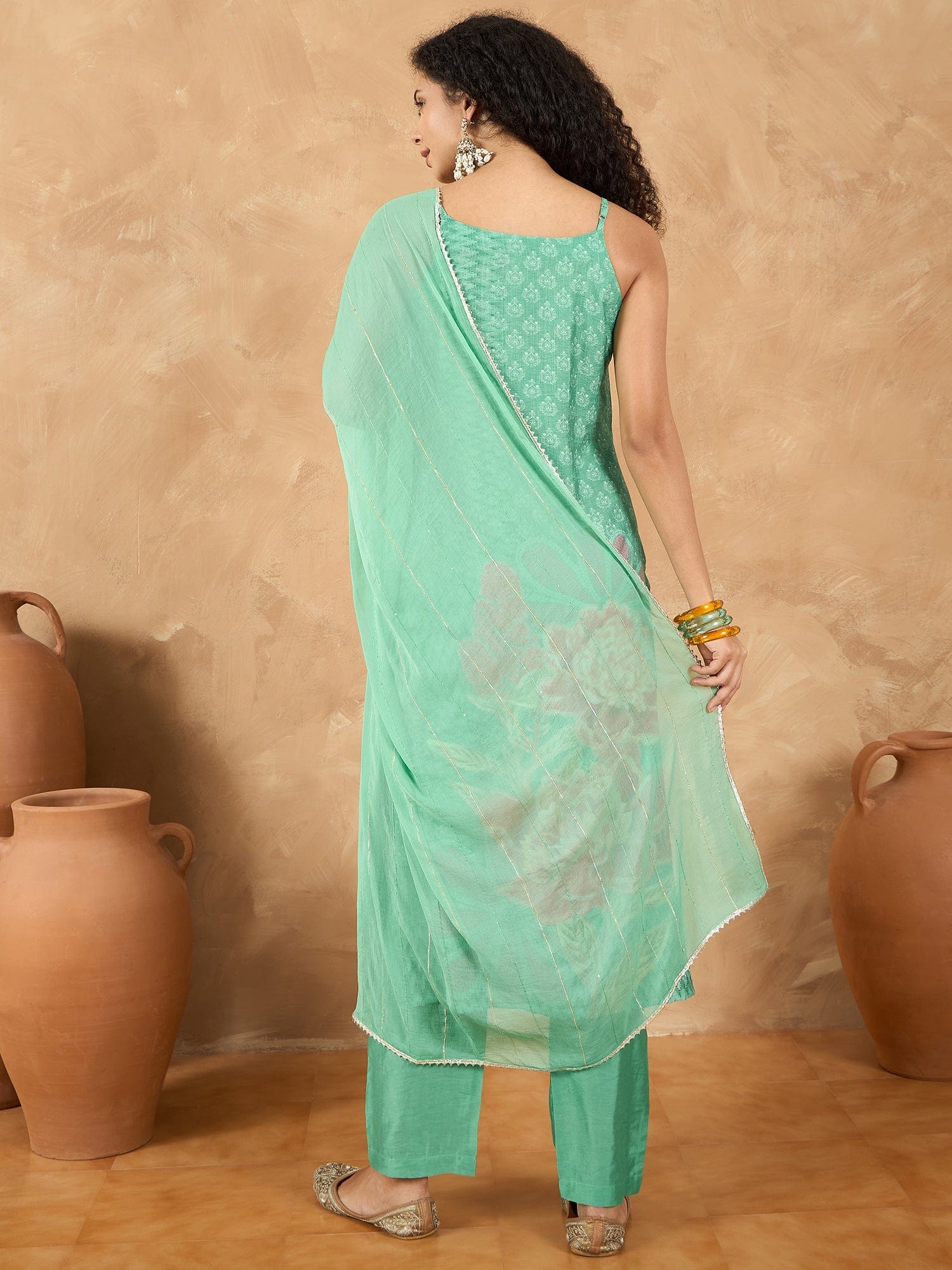 The Kurti Collection Women Spaghetti Strap Straight Floral Kurta With Trousers And Dupatta