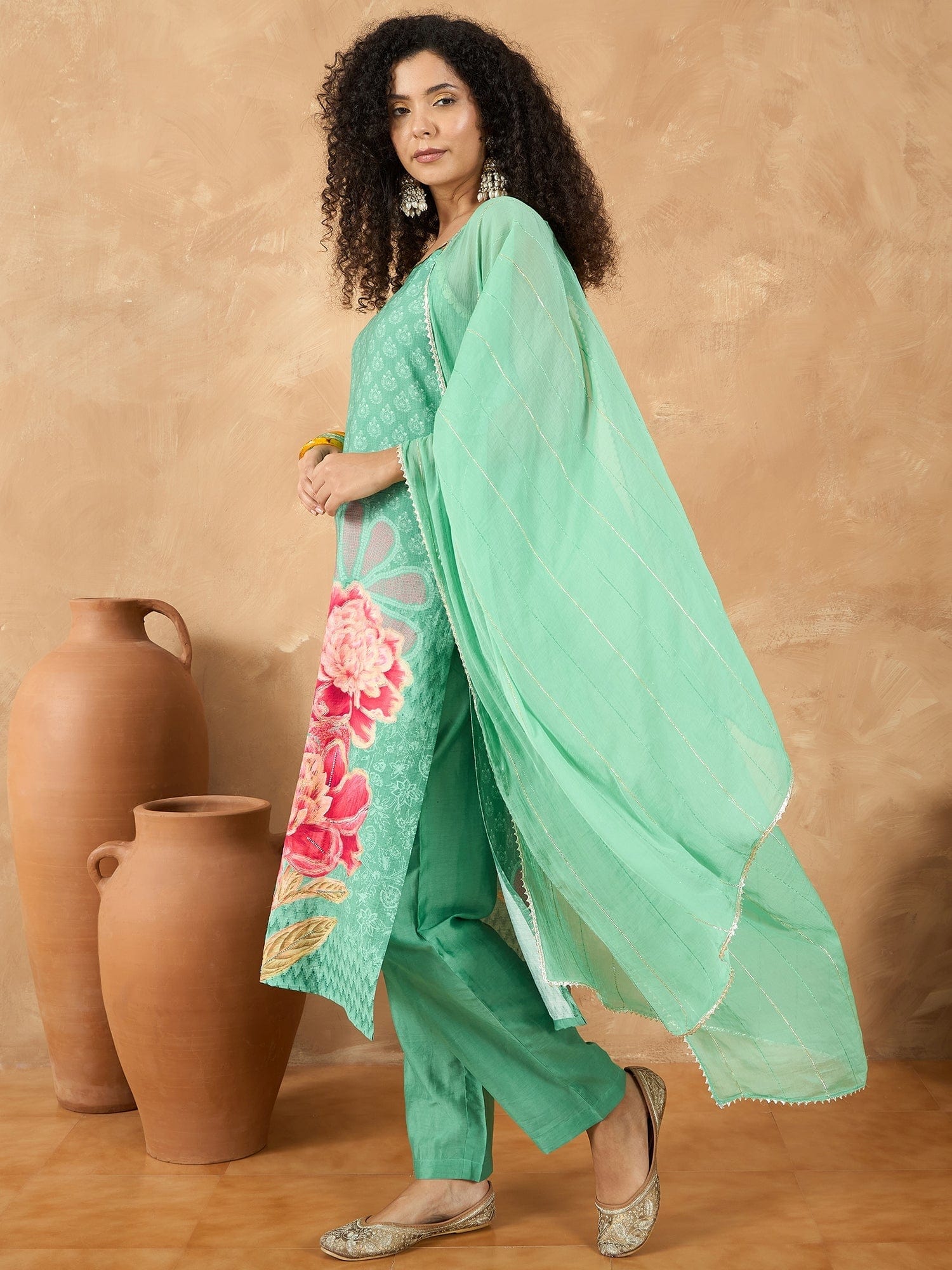 The Kurti Collection Women Spaghetti Strap Straight Floral Kurta With Trousers And Dupatta