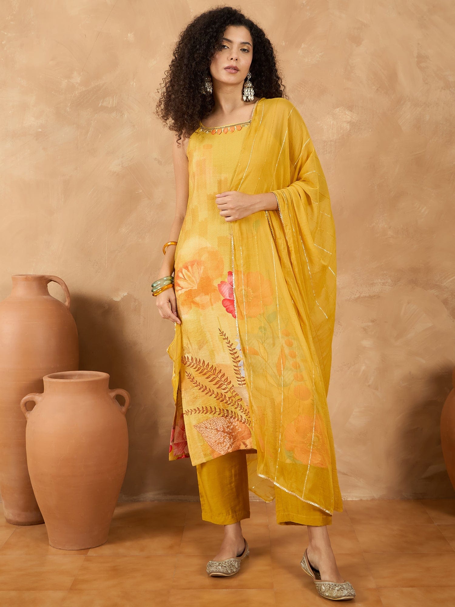 The Kurti Collection Women Spaghetti Strap Straight Floral Kurta With Trousers And Dupatta