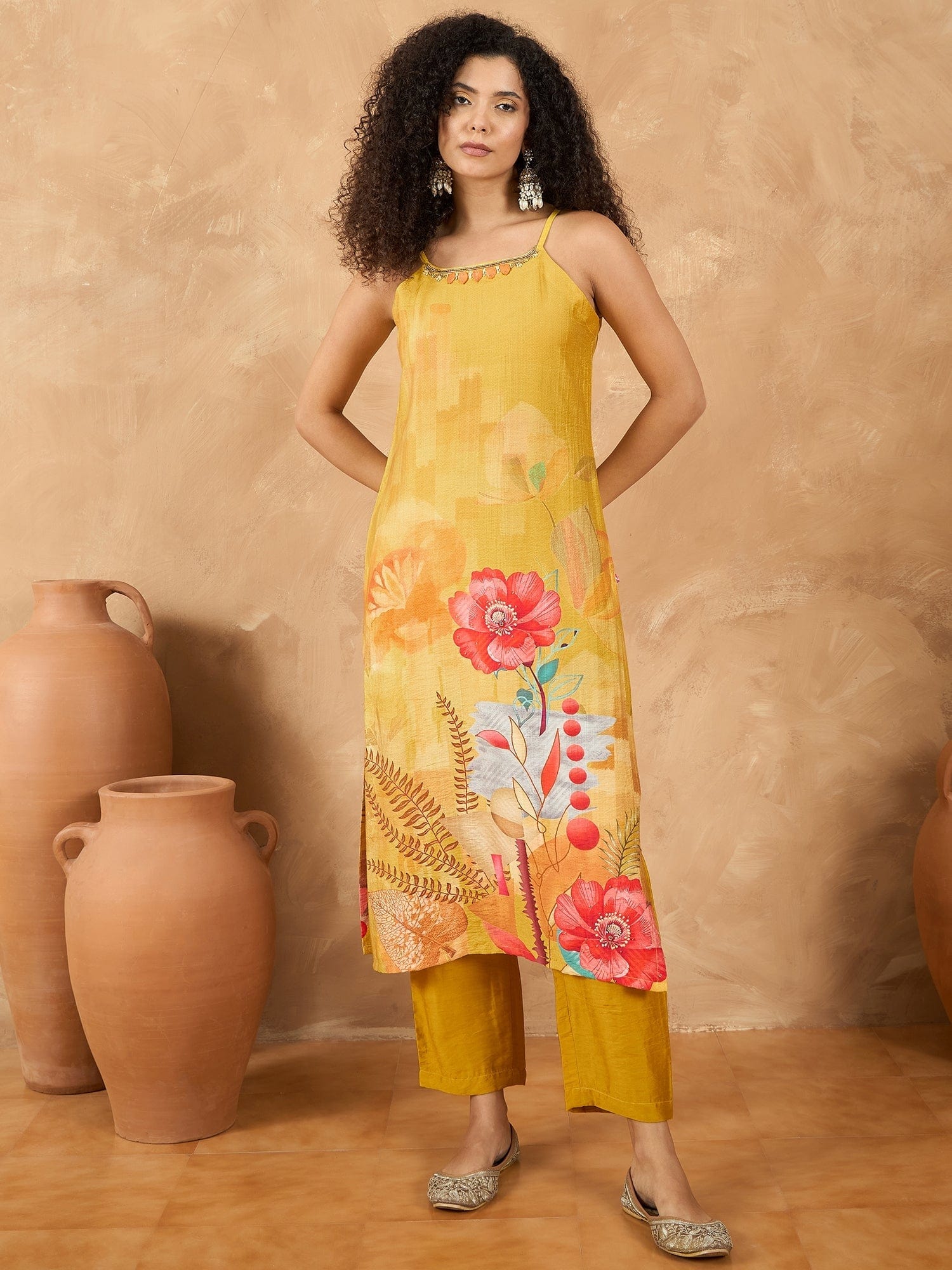 The Kurti Collection Women Spaghetti Strap Straight Floral Kurta With Trousers And Dupatta