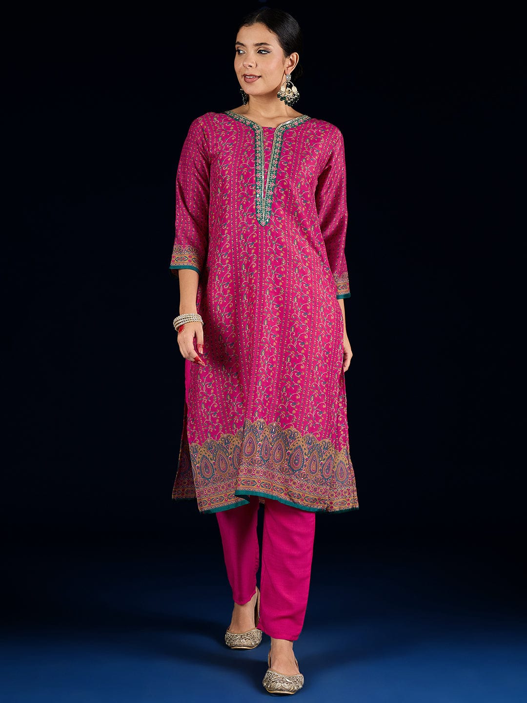 The Kurti Collection Fuchsia Ethnic Printed Straight Kurta With Lace Round Neck, Paired With Solid Trousers And A Printed Dupatta.