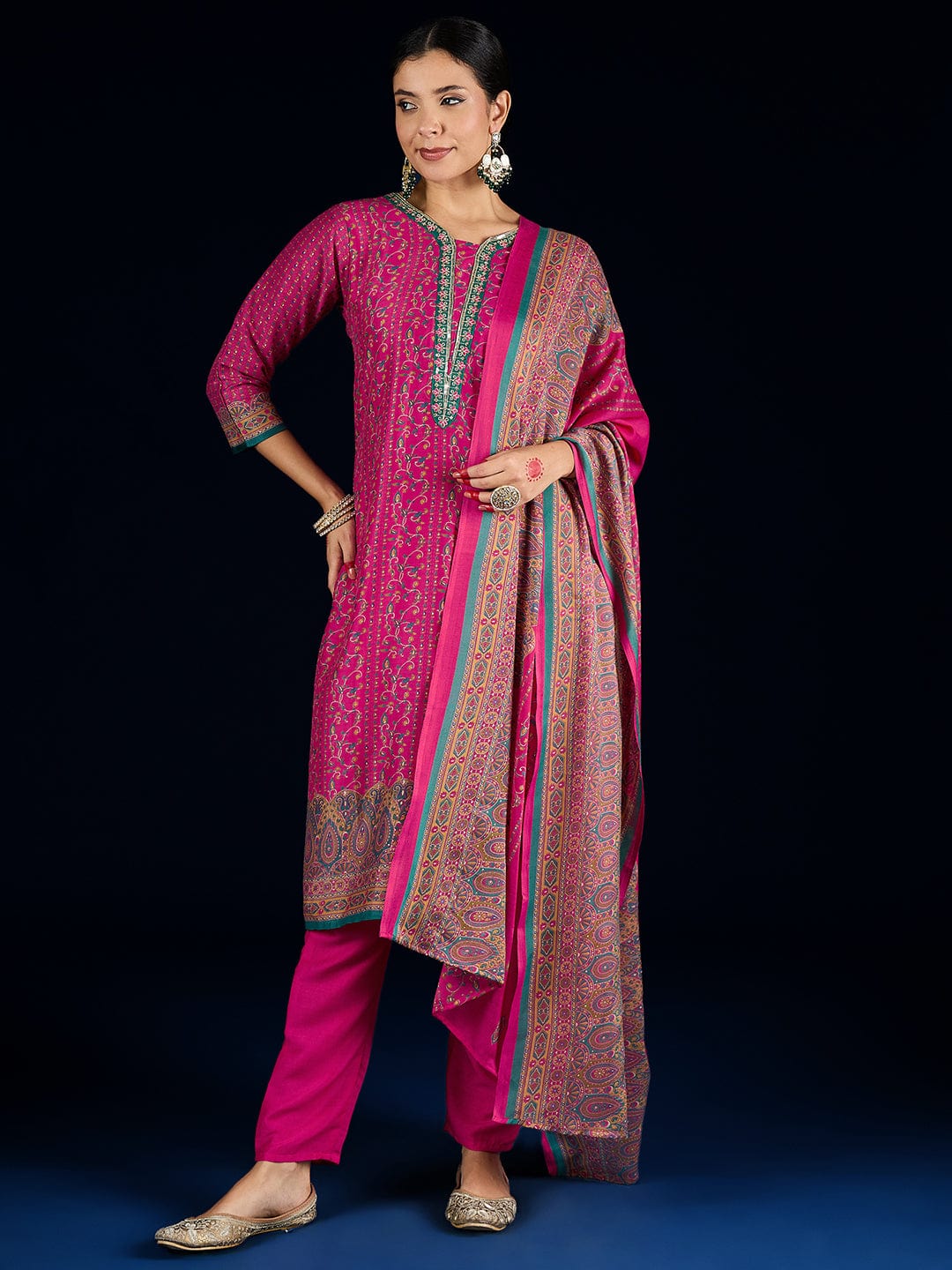 The Kurti Collection Fuchsia Ethnic Printed Straight Kurta With Lace Round Neck, Paired With Solid Trousers And A Printed Dupatta.