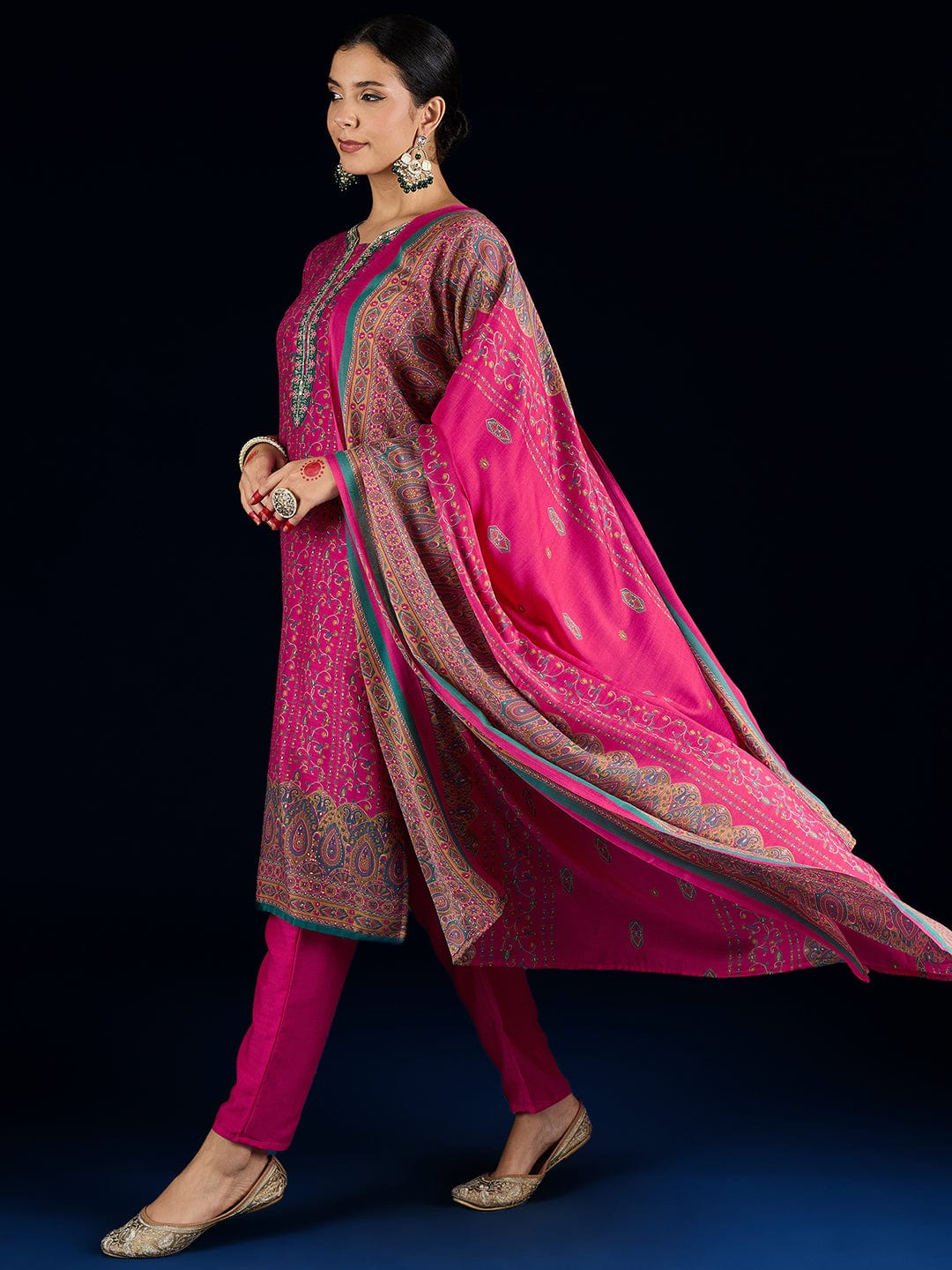 The Kurti Collection Fuchsia Ethnic Printed Straight Kurta With Lace Round Neck, Paired With Solid Trousers And A Printed Dupatta.