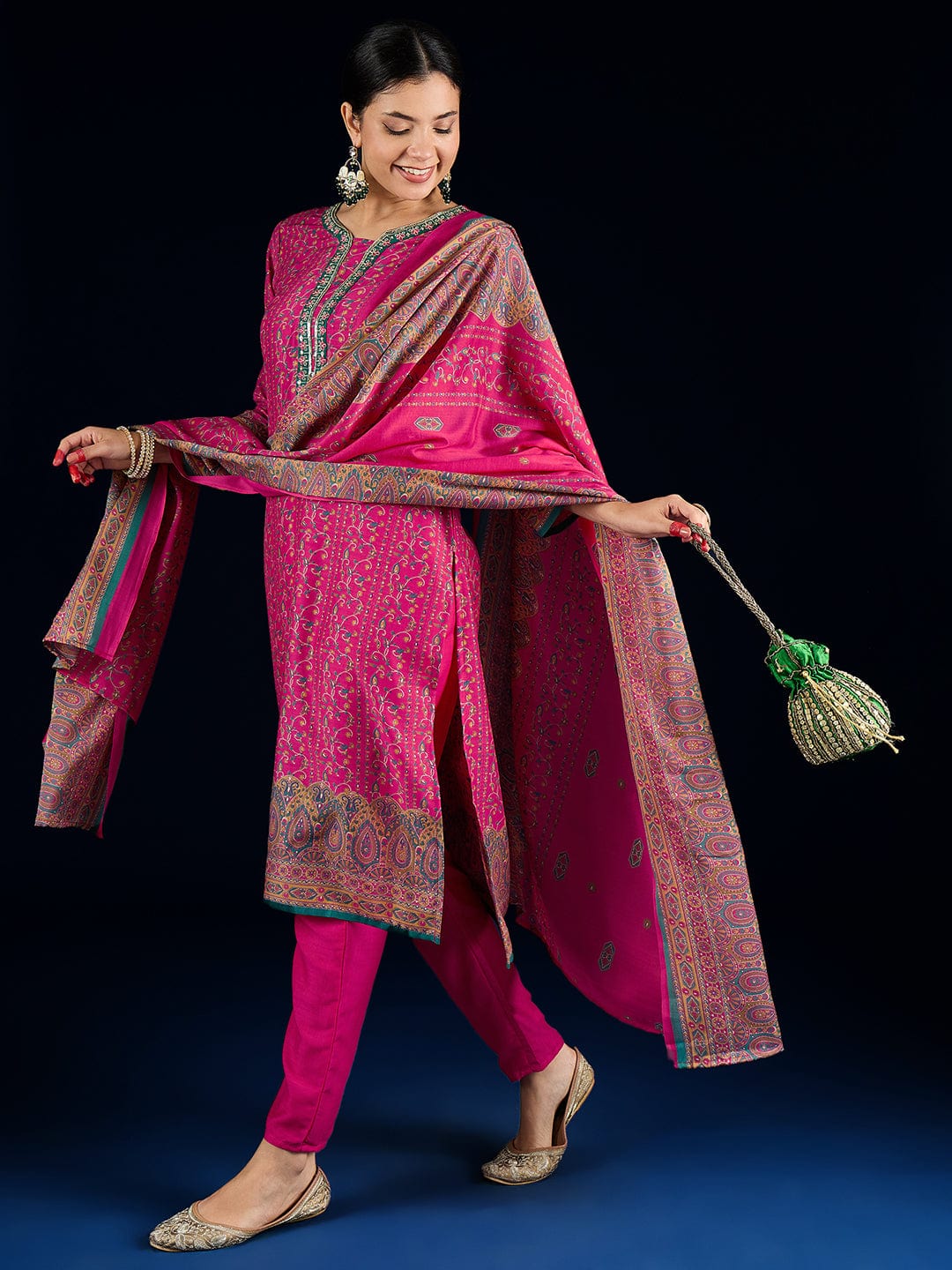 The Kurti Collection Fuchsia Ethnic Printed Straight Kurta With Lace Round Neck, Paired With Solid Trousers And A Printed Dupatta.