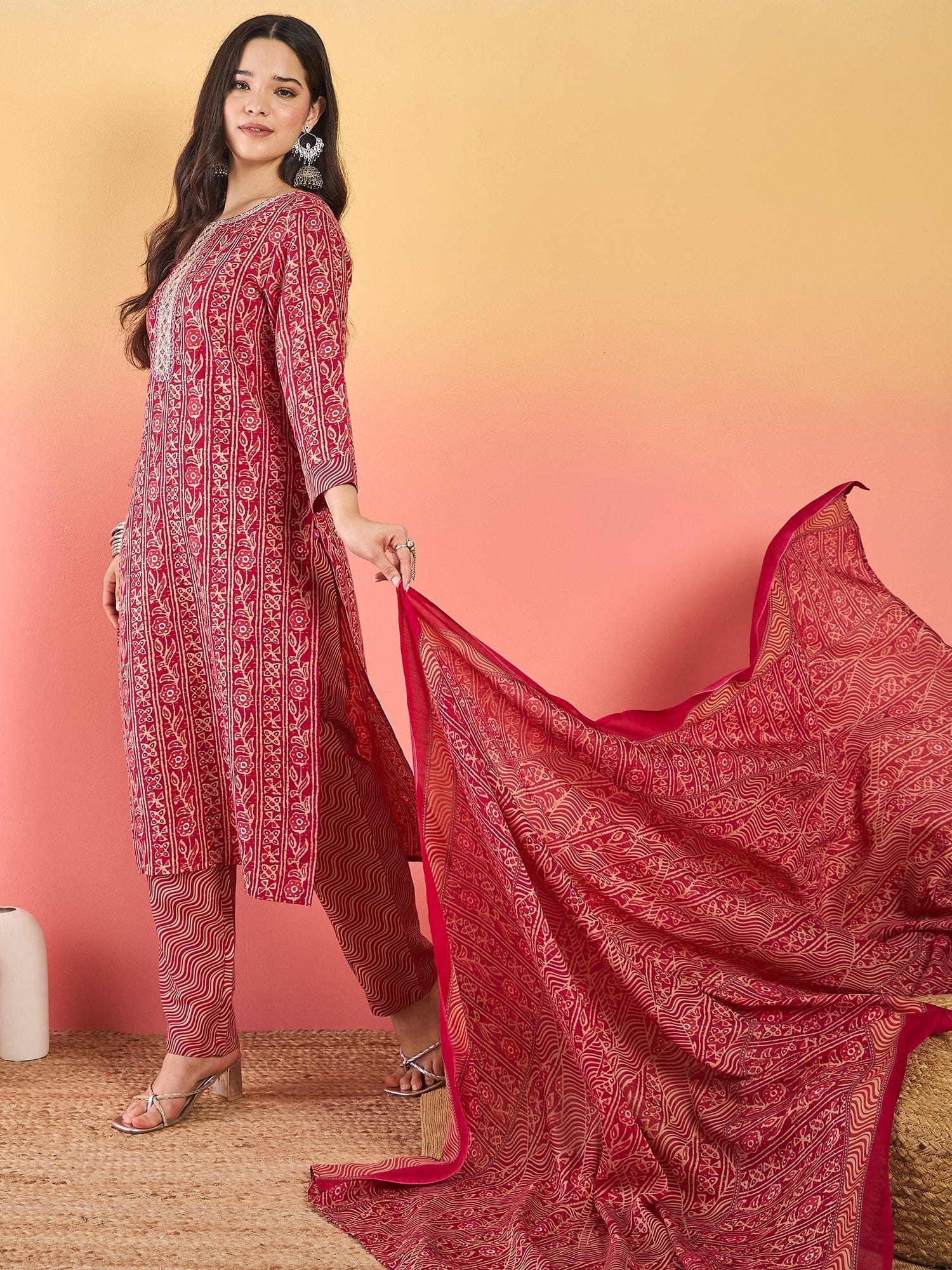 The Kurti Collection Kurta Set With Zari Yoke Embroidery, Printed Trousers, And Floral Dupatta