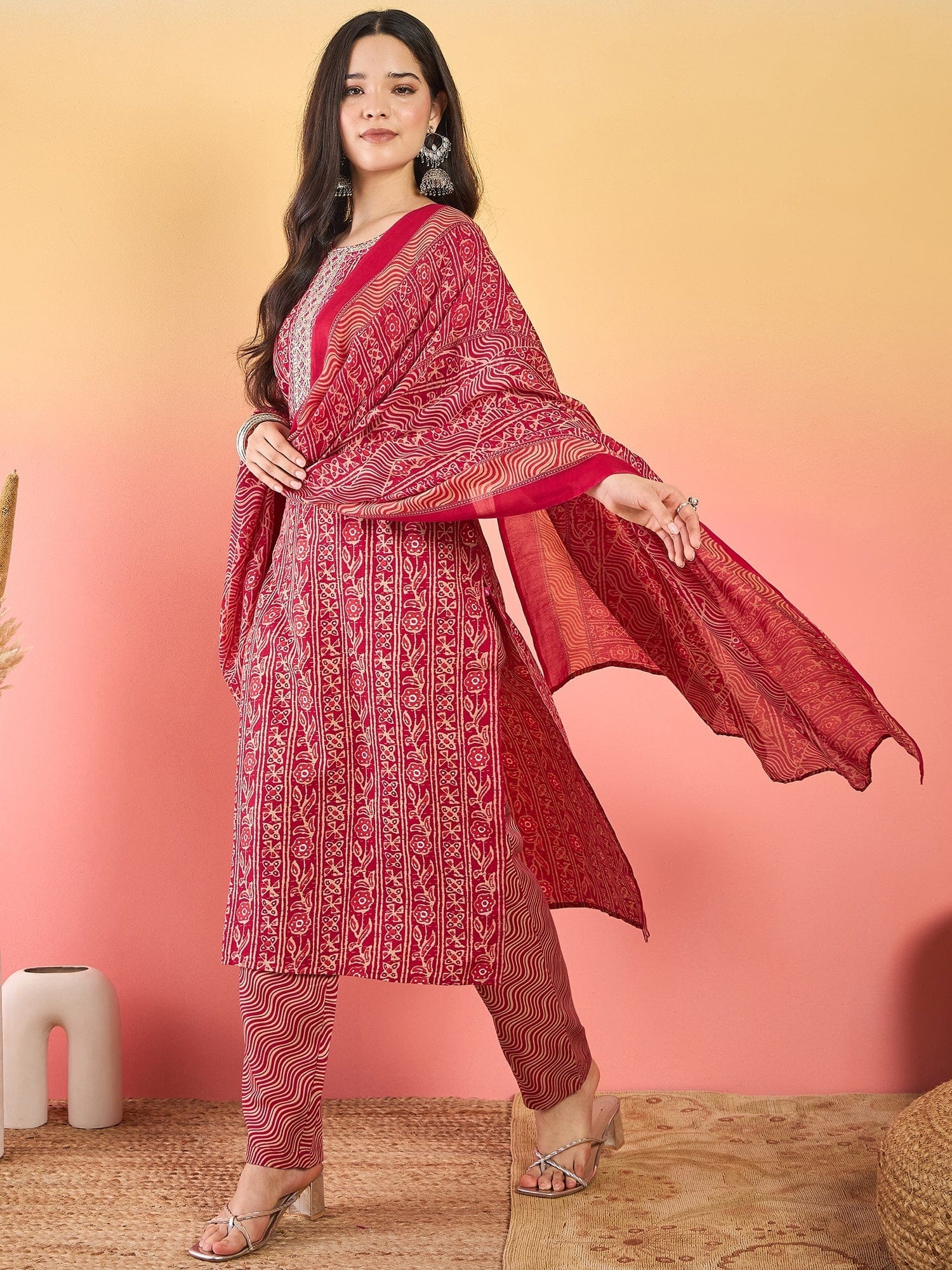 The Kurti Collection Kurta Set With Zari Yoke Embroidery, Printed Trousers, And Floral Dupatta