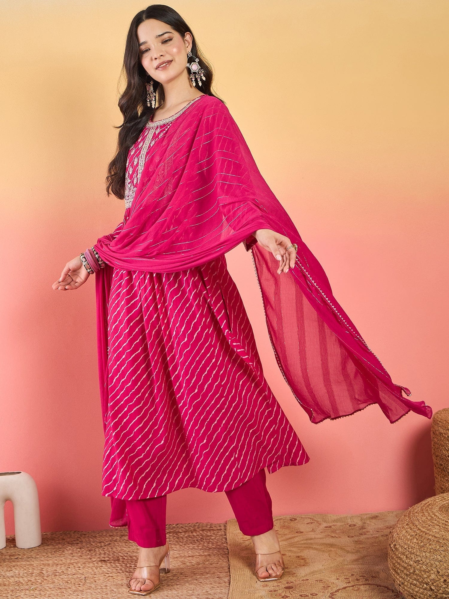 The Kurti Collection Bandhani-Printed Fuchsia Anarkali With Zari-Embroidered Yoke, Paired With Solid Trousers And Dupatta .