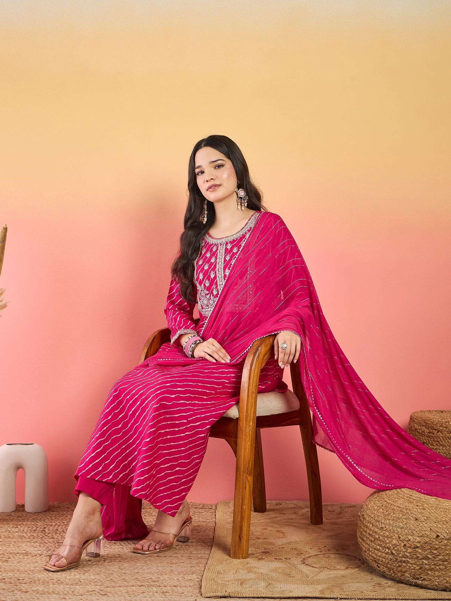 The Kurti Collection Bandhani-Printed Fuchsia Anarkali With Zari-Embroidered Yoke, Paired With Solid Trousers And Dupatta .