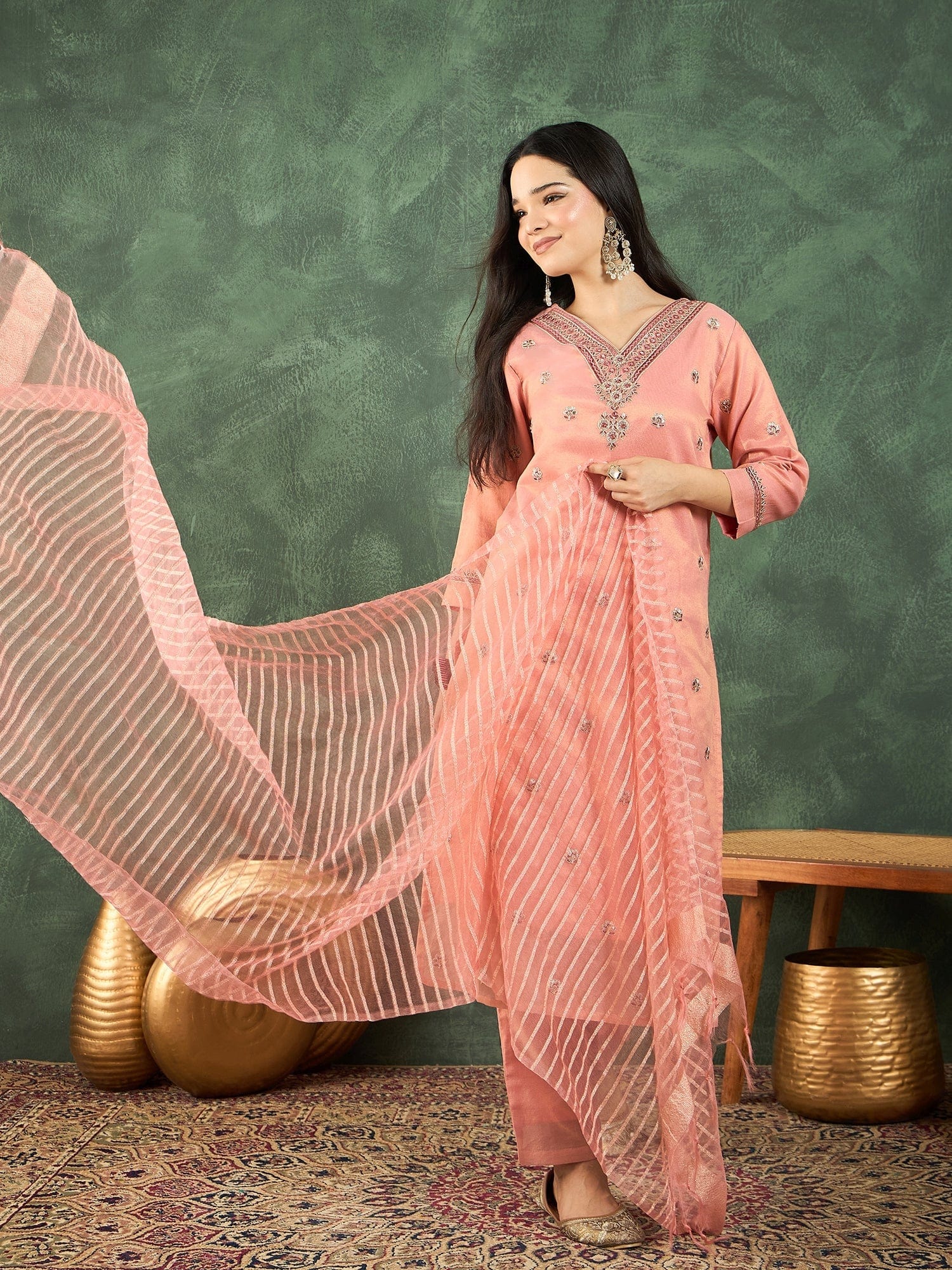 The Kurti Collection Zari-Embroidered Kurta Paired With Solid Trousers And A Tonal Dupatta .
