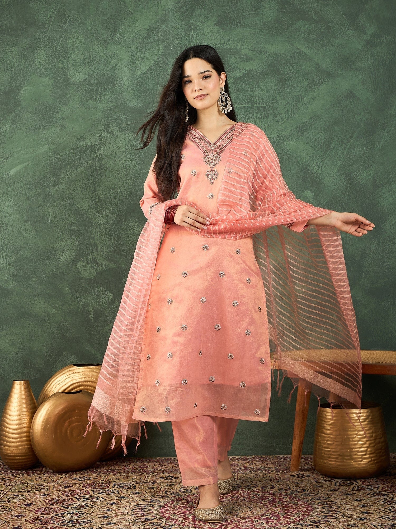 The Kurti Collection Zari-Embroidered Kurta Paired With Solid Trousers And A Tonal Dupatta .