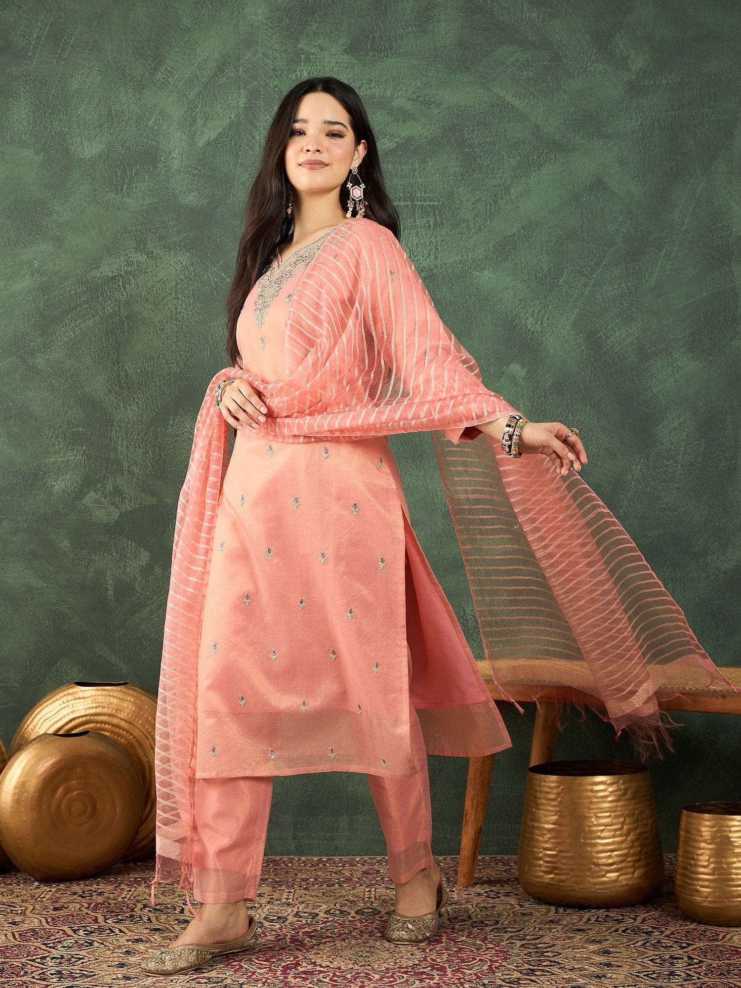 The Kurti Collection Zari-Embroidered Kurta Paired With Solid Trousers And A Tonal Dupatta .