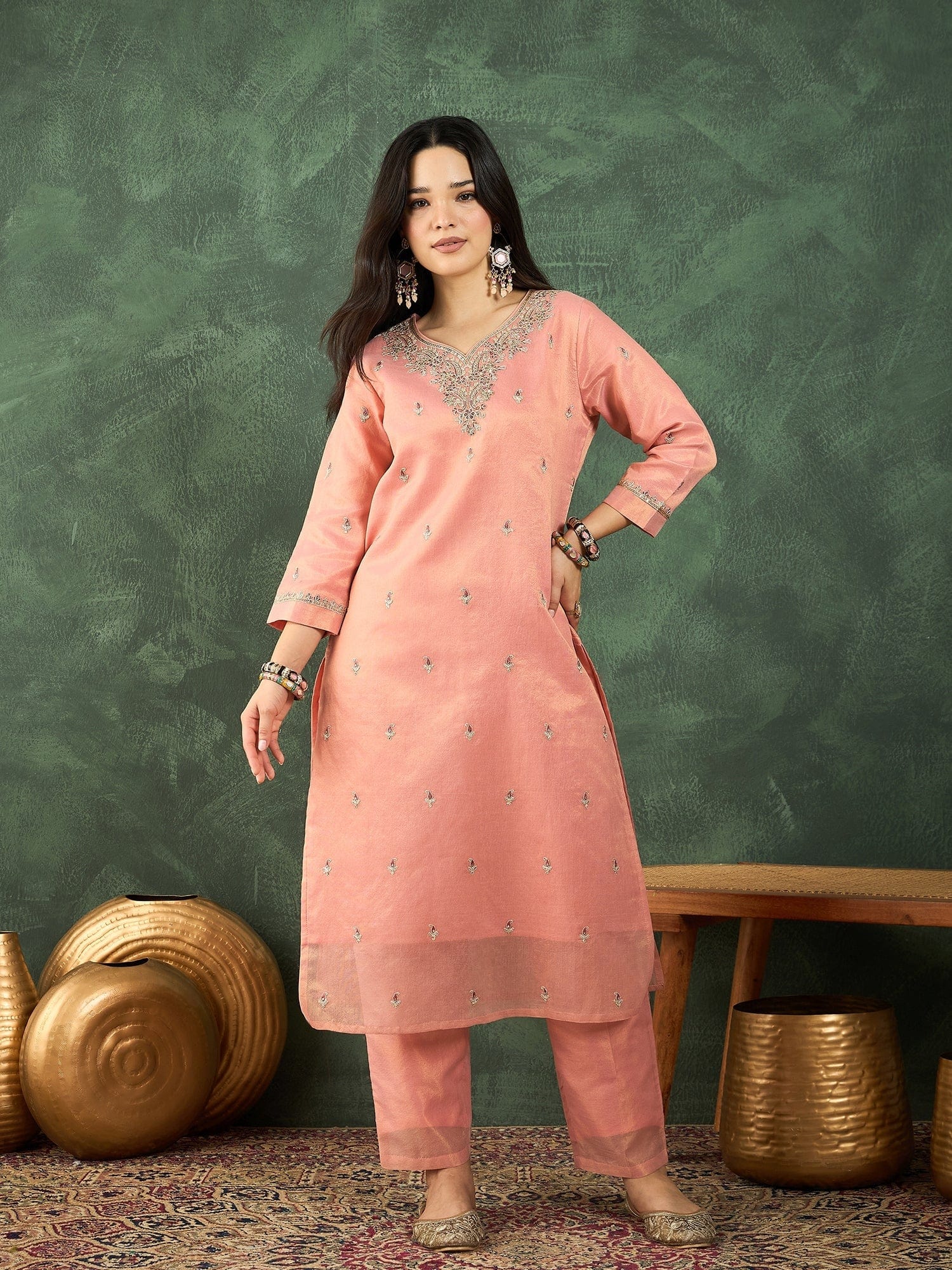 The Kurti Collection Zari-Embroidered Kurta Paired With Solid Trousers And A Tonal Dupatta .